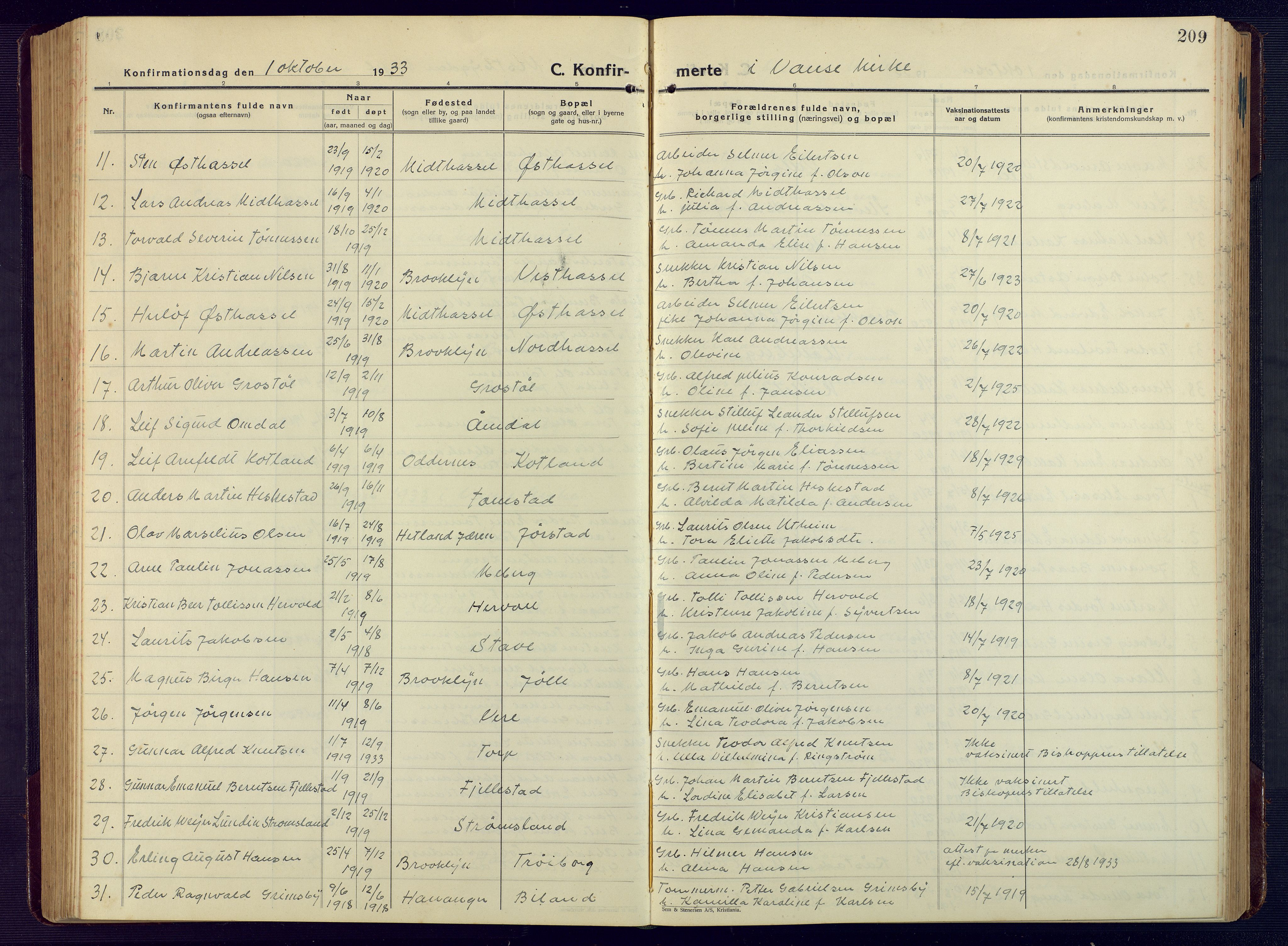 Lista sokneprestkontor, AV/SAK-1111-0027/F/Fb/L0006: Parish register (copy) no. B 6, 1924-1947, p. 209