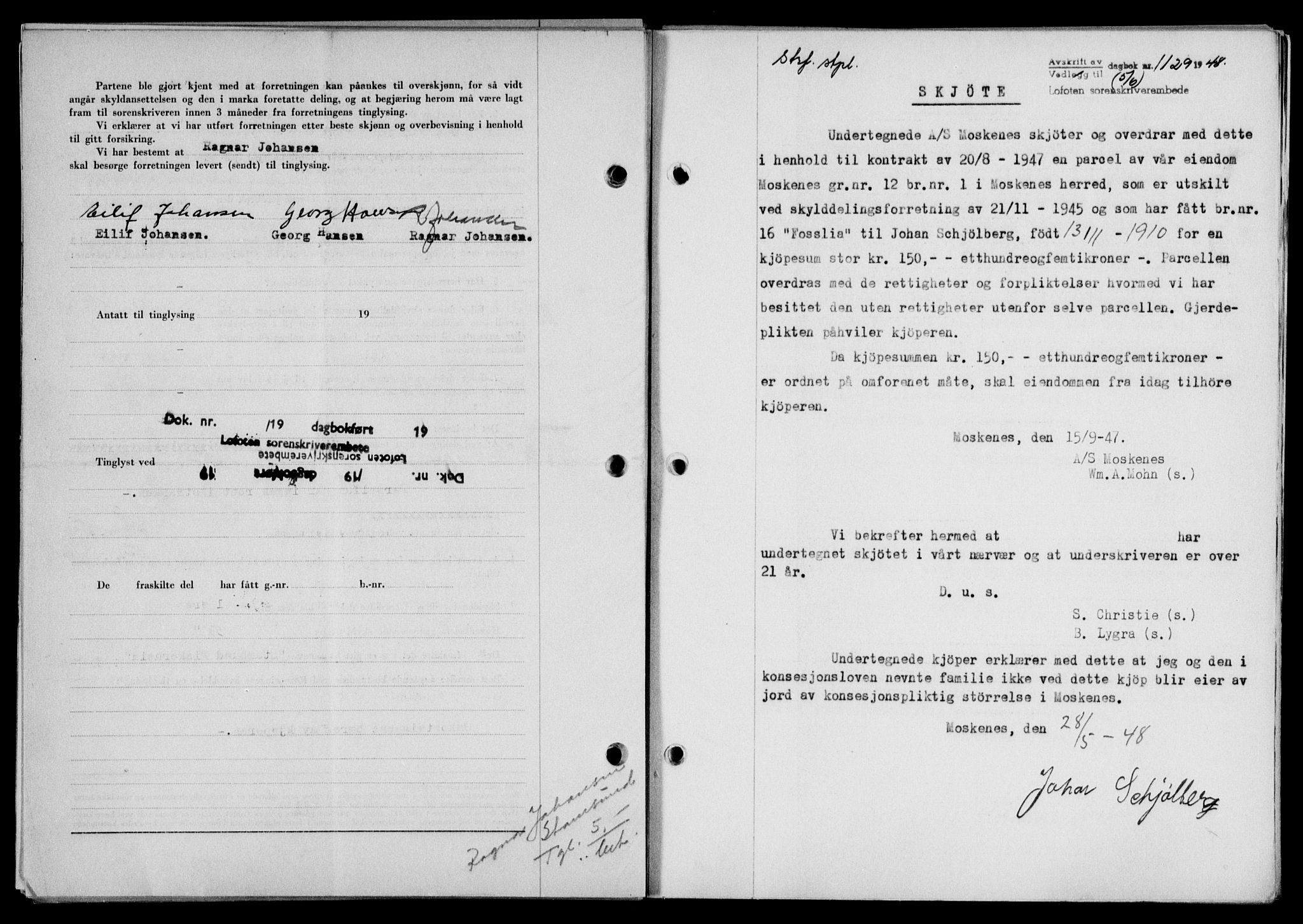 Lofoten sorenskriveri, SAT/A-0017/1/2/2C/L0018a: Mortgage book no. 18a, 1948-1948, Diary no: : 1129/1948