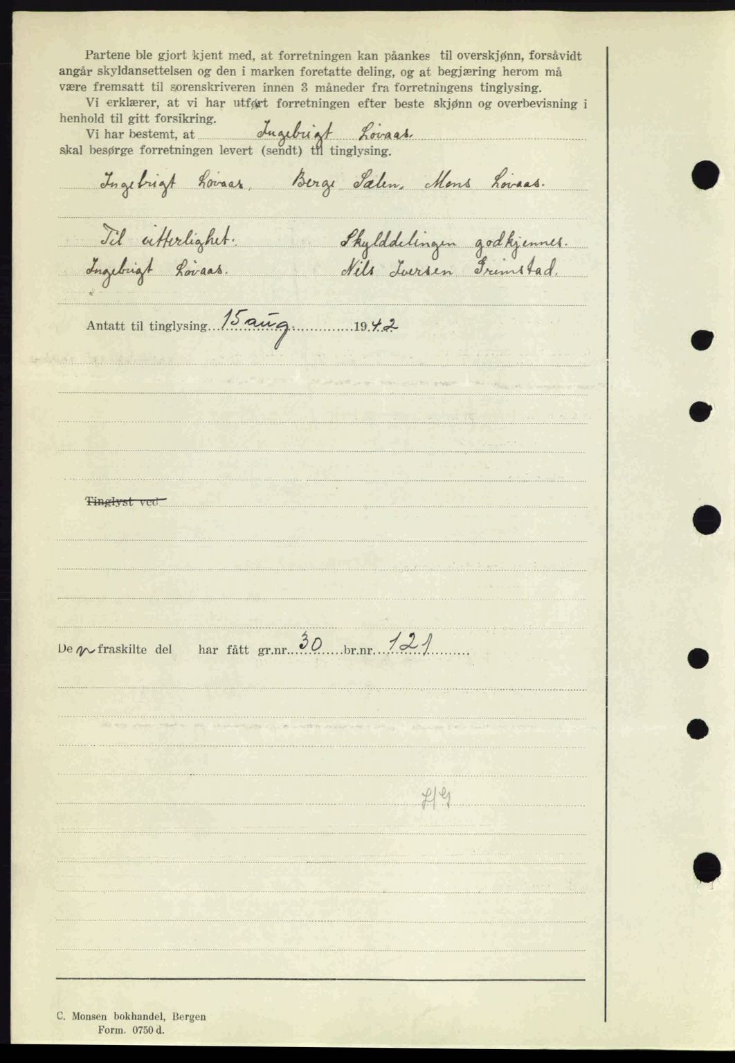Midhordland sorenskriveri, SAB/A-3001/1/G/Gb/Gbj/L0014: Mortgage book no. A26-28, 1942-1942, Diary no: : 3510/1942