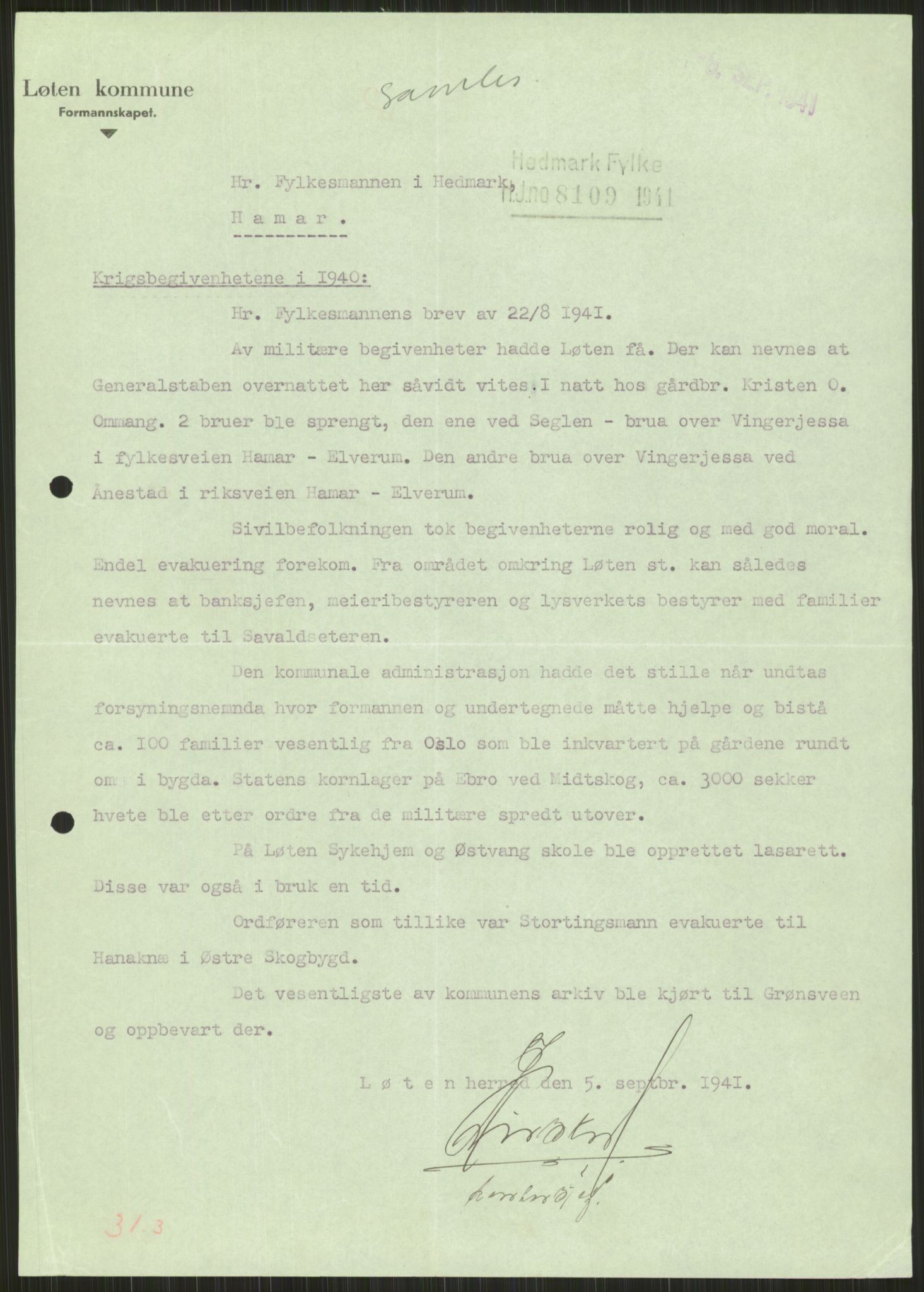 Forsvaret, Forsvarets krigshistoriske avdeling, AV/RA-RAFA-2017/Y/Ya/L0013: II-C-11-31 - Fylkesmenn.  Rapporter om krigsbegivenhetene 1940., 1940, p. 935