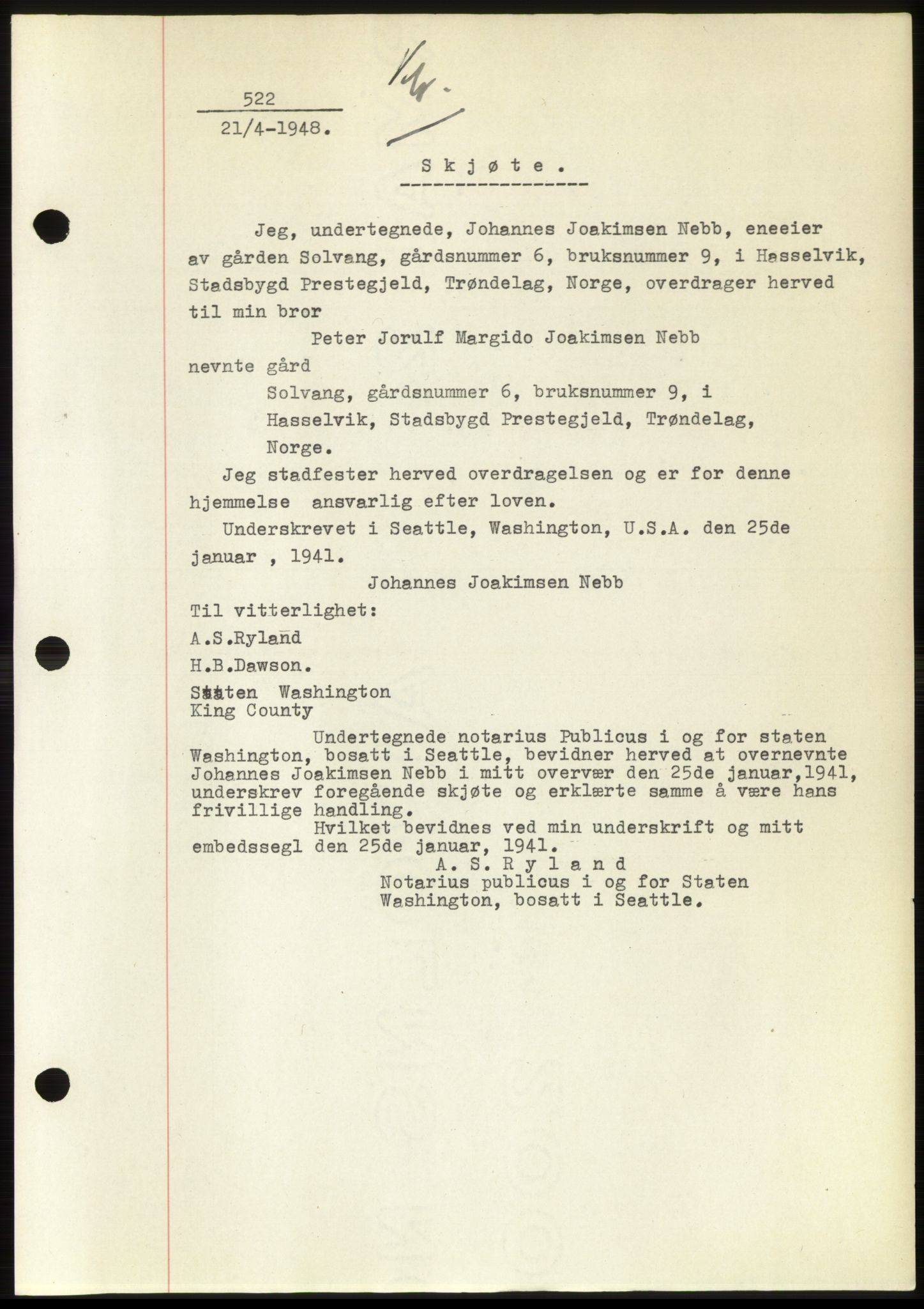 Fosen sorenskriveri, AV/SAT-A-1107/1/2/2C: Mortgage book no. B, 1948-1950, Diary no: : 522/1948