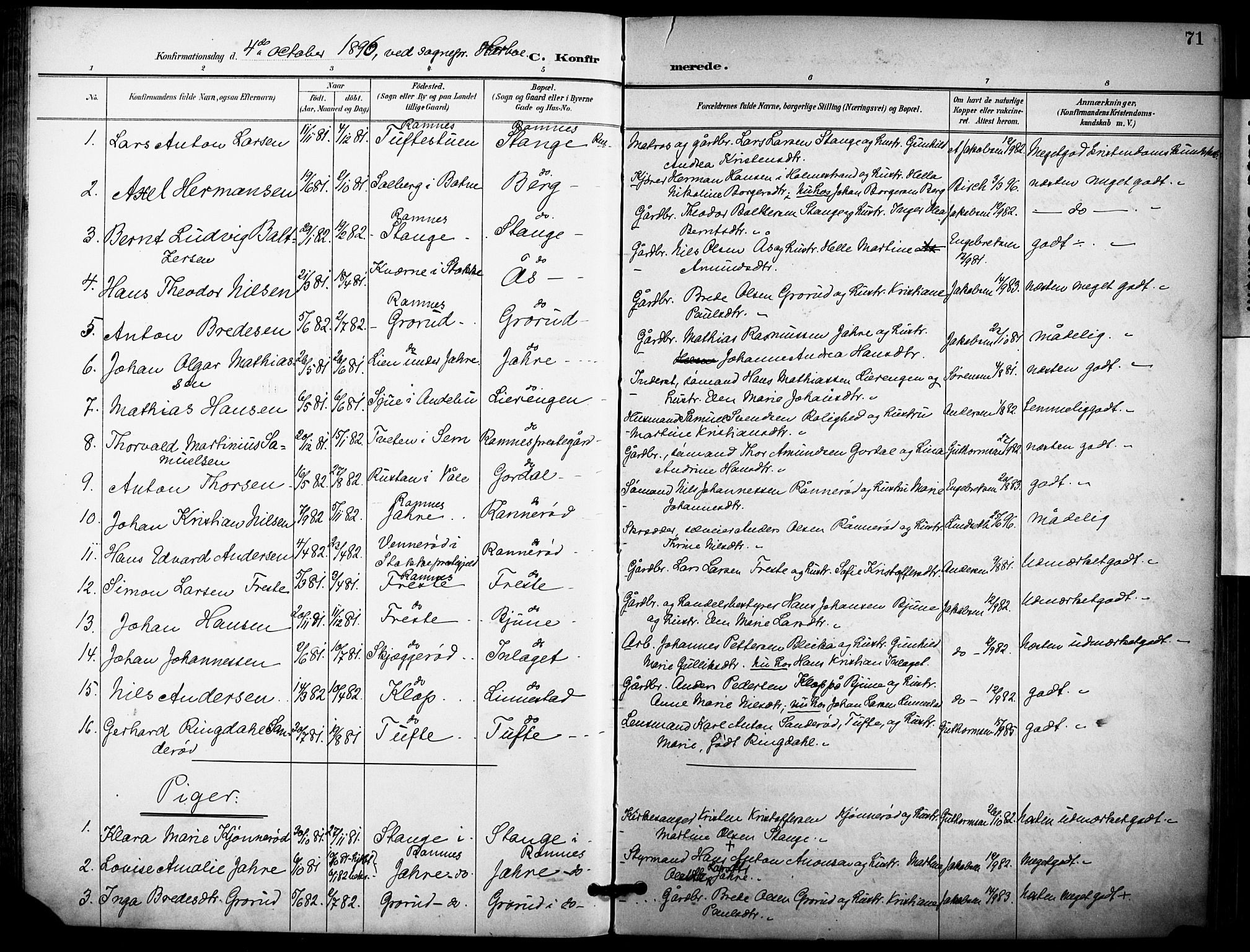 Ramnes kirkebøker, AV/SAKO-A-314/F/Fa/L0008: Parish register (official) no. I 8, 1896-1913, p. 71