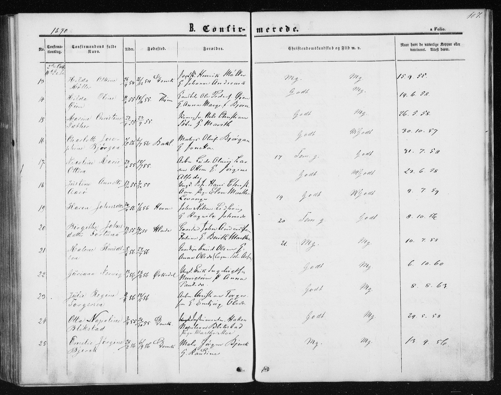 Ministerialprotokoller, klokkerbøker og fødselsregistre - Sør-Trøndelag, SAT/A-1456/602/L0114: Parish register (official) no. 602A12, 1856-1872, p. 107