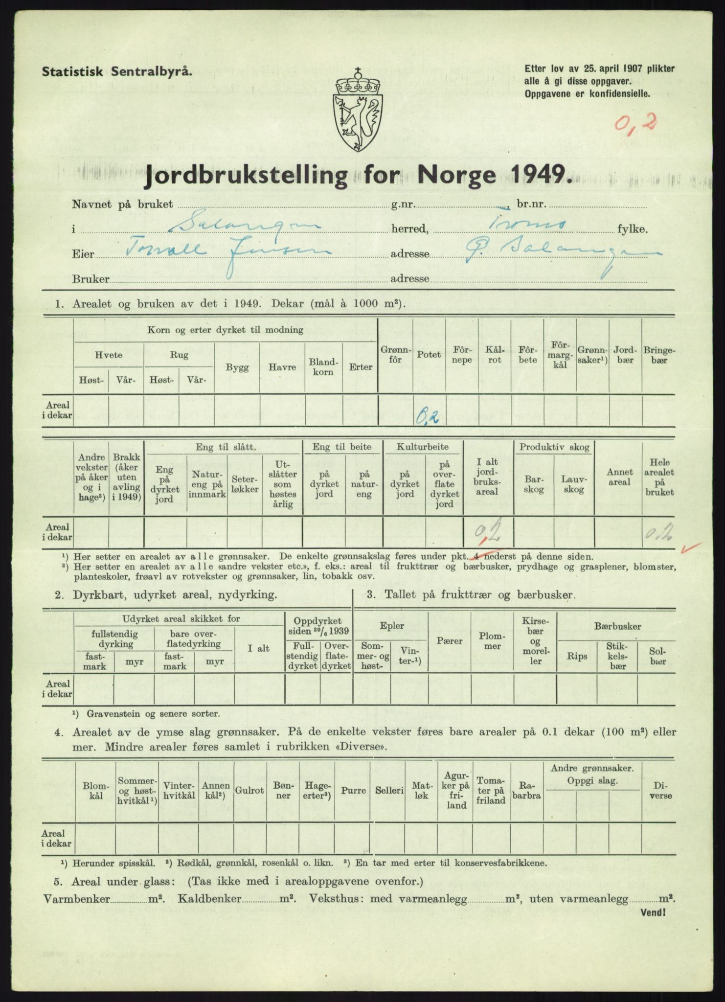 Statistisk sentralbyrå, Næringsøkonomiske emner, Jordbruk, skogbruk, jakt, fiske og fangst, AV/RA-S-2234/G/Gc/L0438: Troms: Salangen og Bardu, 1949, p. 76