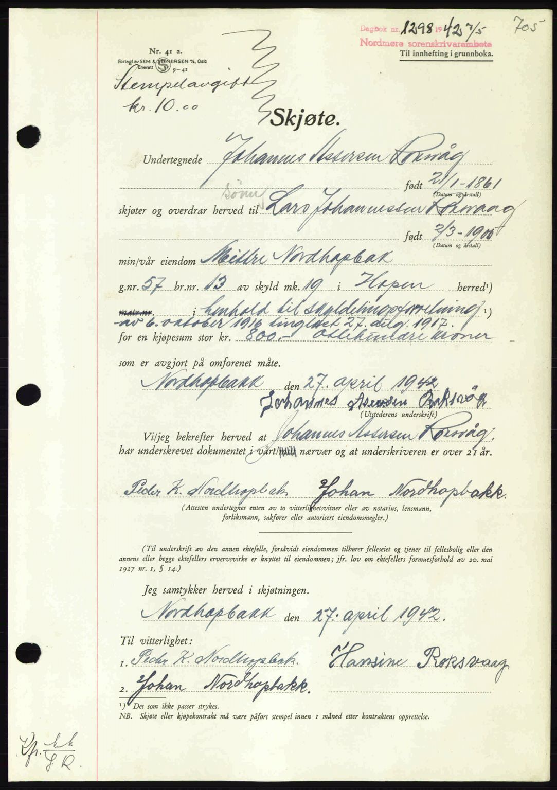 Nordmøre sorenskriveri, AV/SAT-A-4132/1/2/2Ca: Mortgage book no. A92, 1942-1942, Diary no: : 1298/1942