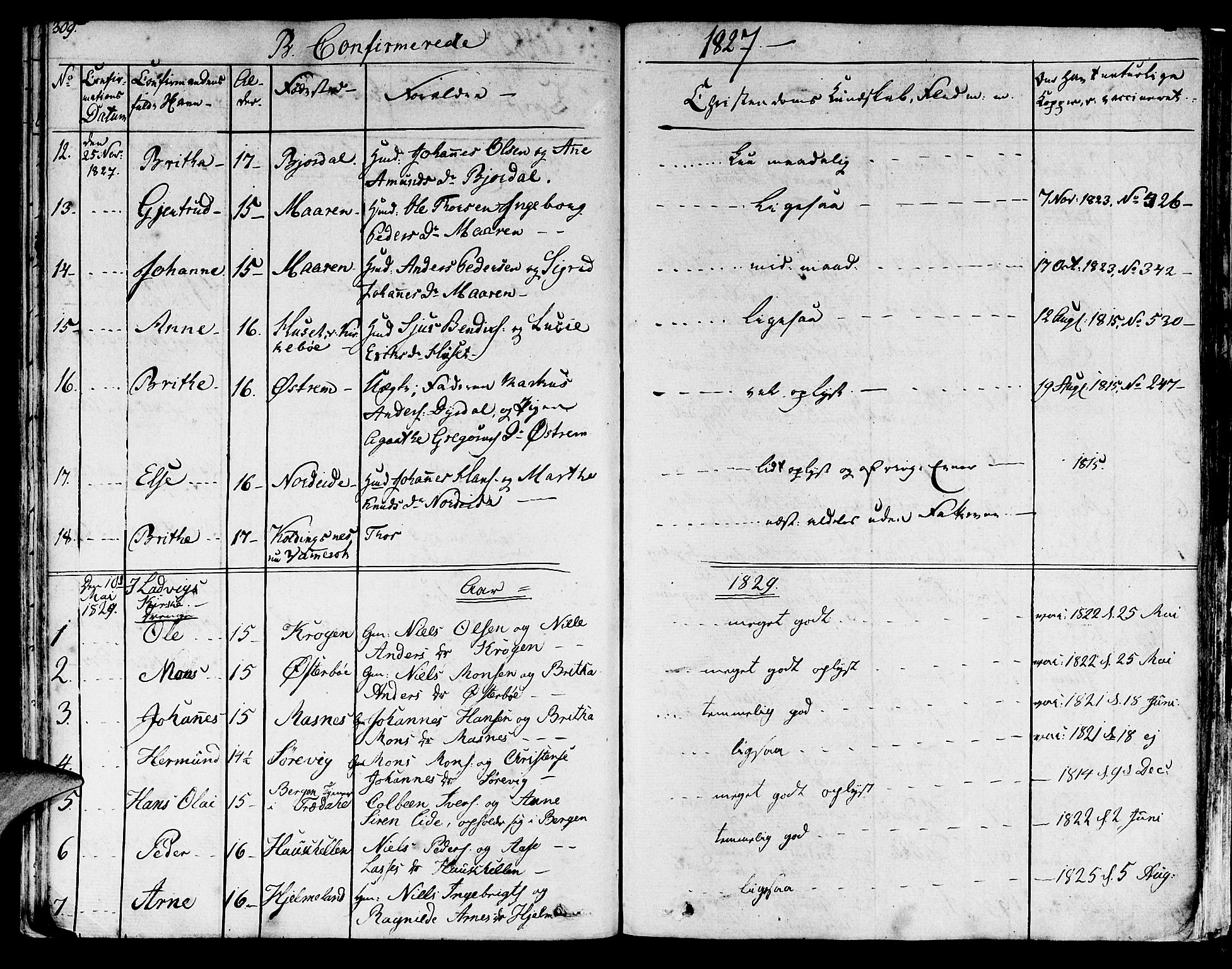 Lavik sokneprestembete, SAB/A-80901: Parish register (official) no. A 2I, 1821-1842, p. 309