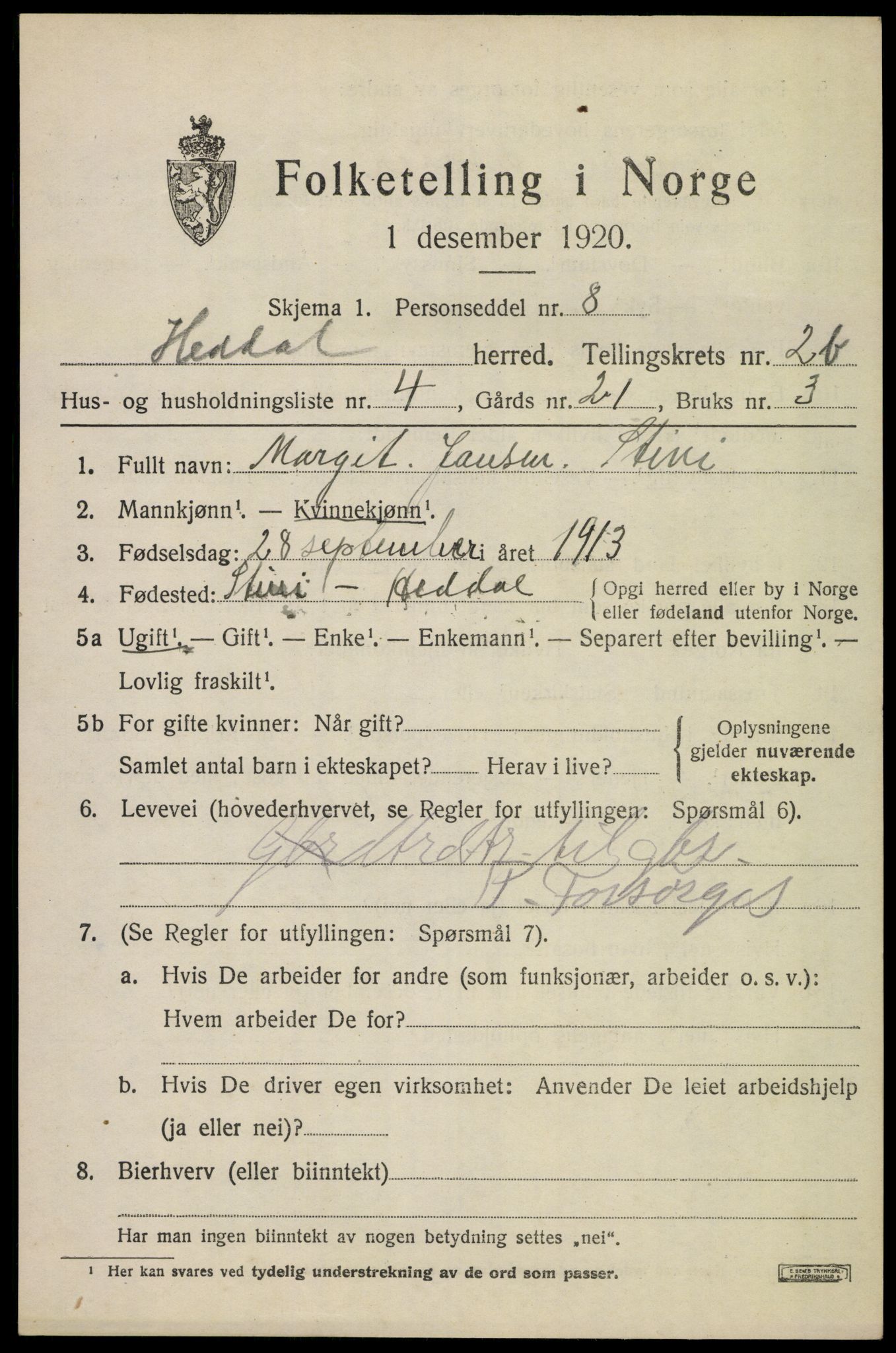 SAKO, 1920 census for Heddal, 1920, p. 3012