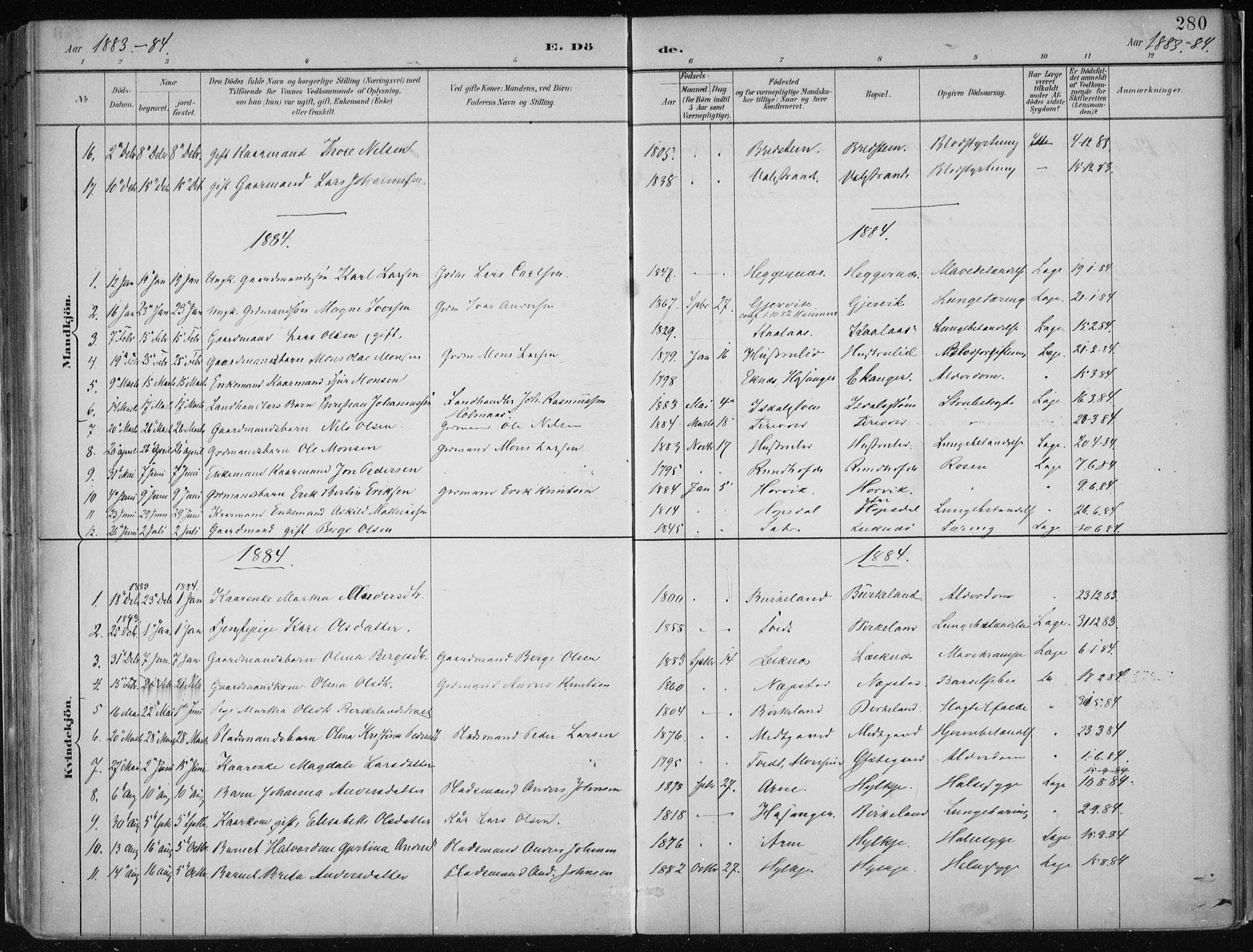 Hamre sokneprestembete, SAB/A-75501/H/Ha/Haa/Haab/L0001: Parish register (official) no. B  1, 1882-1905, p. 280