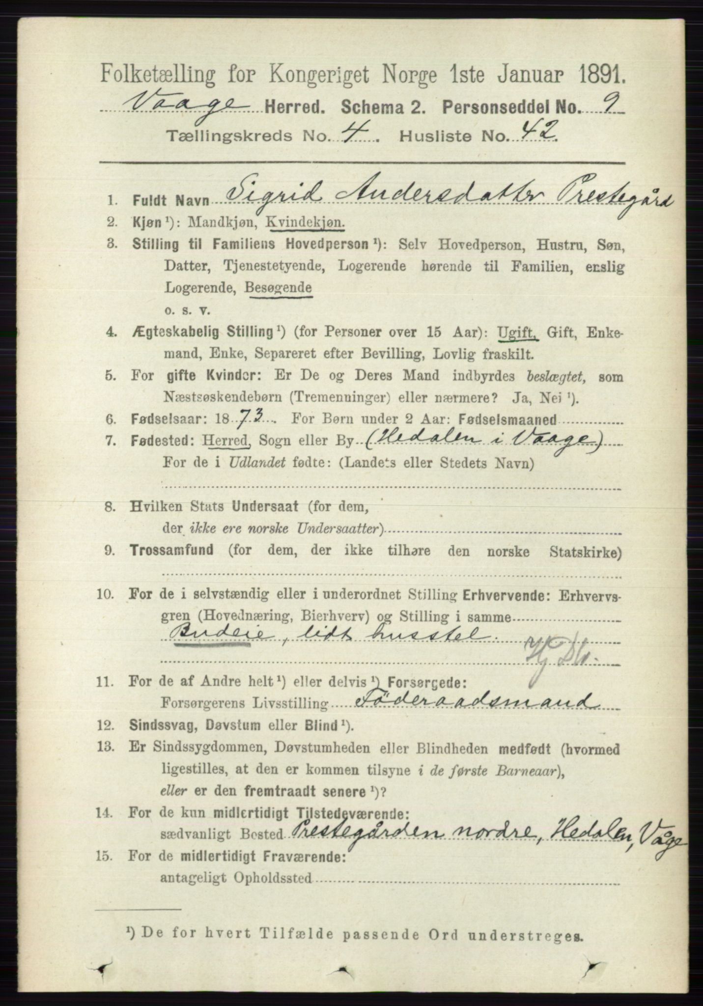 RA, 1891 census for 0515 Vågå, 1891, p. 2975