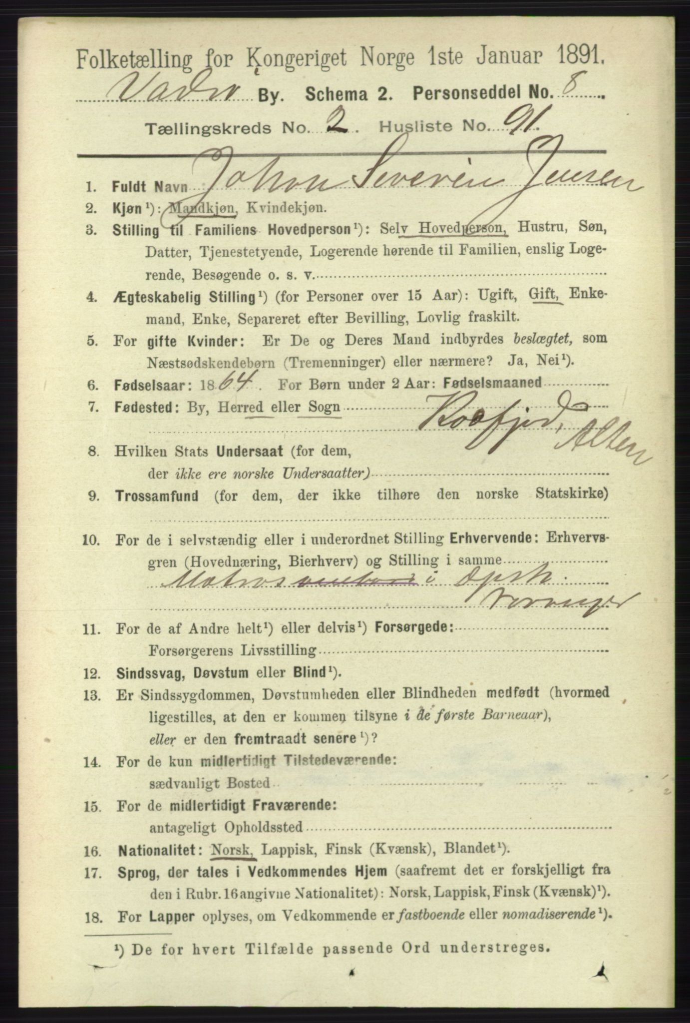 RA, 1891 census for 2003 Vadsø, 1891, p. 1580