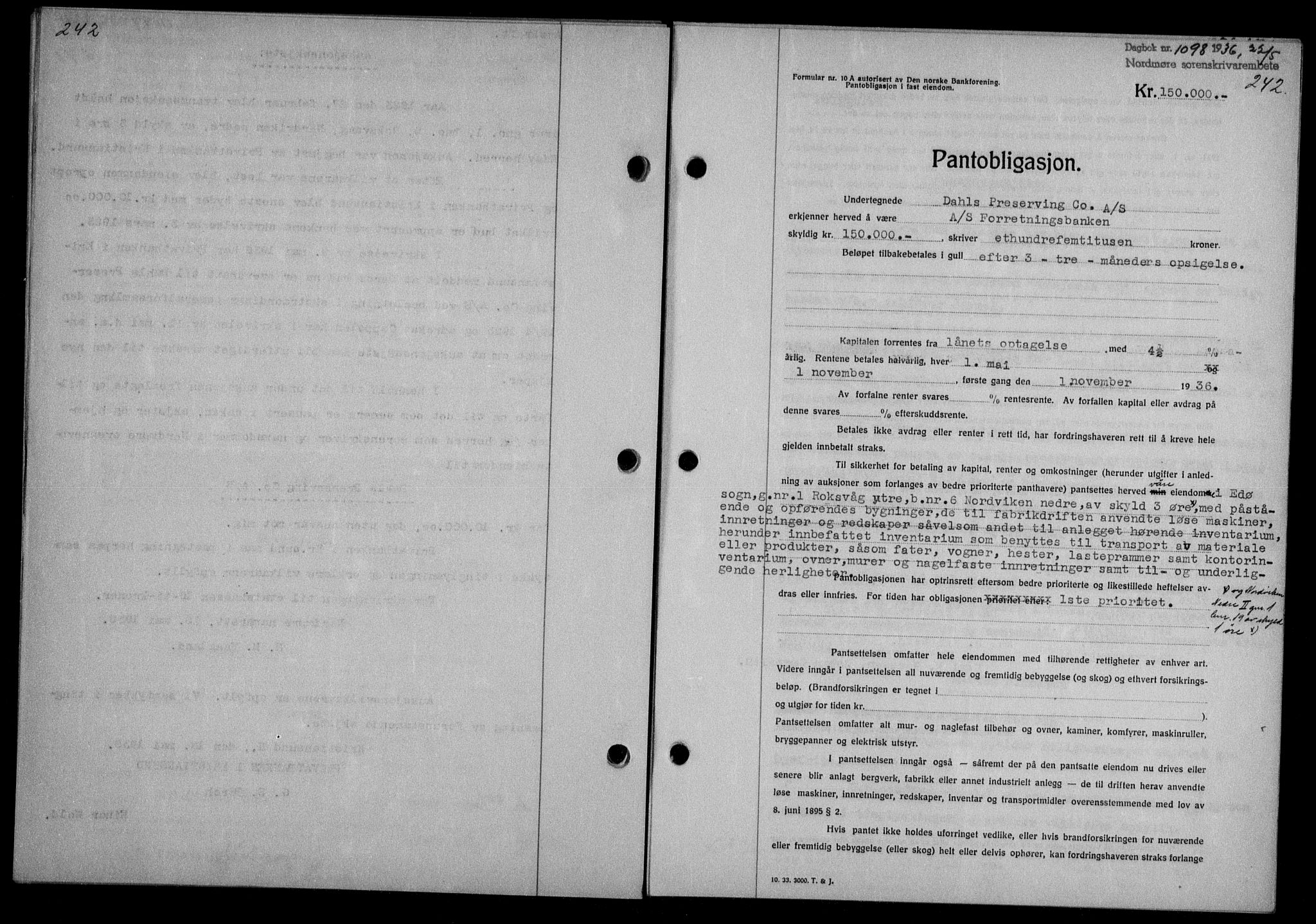 Nordmøre sorenskriveri, AV/SAT-A-4132/1/2/2Ca/L0088: Mortgage book no. 78, 1936-1936, Diary no: : 1098/1936