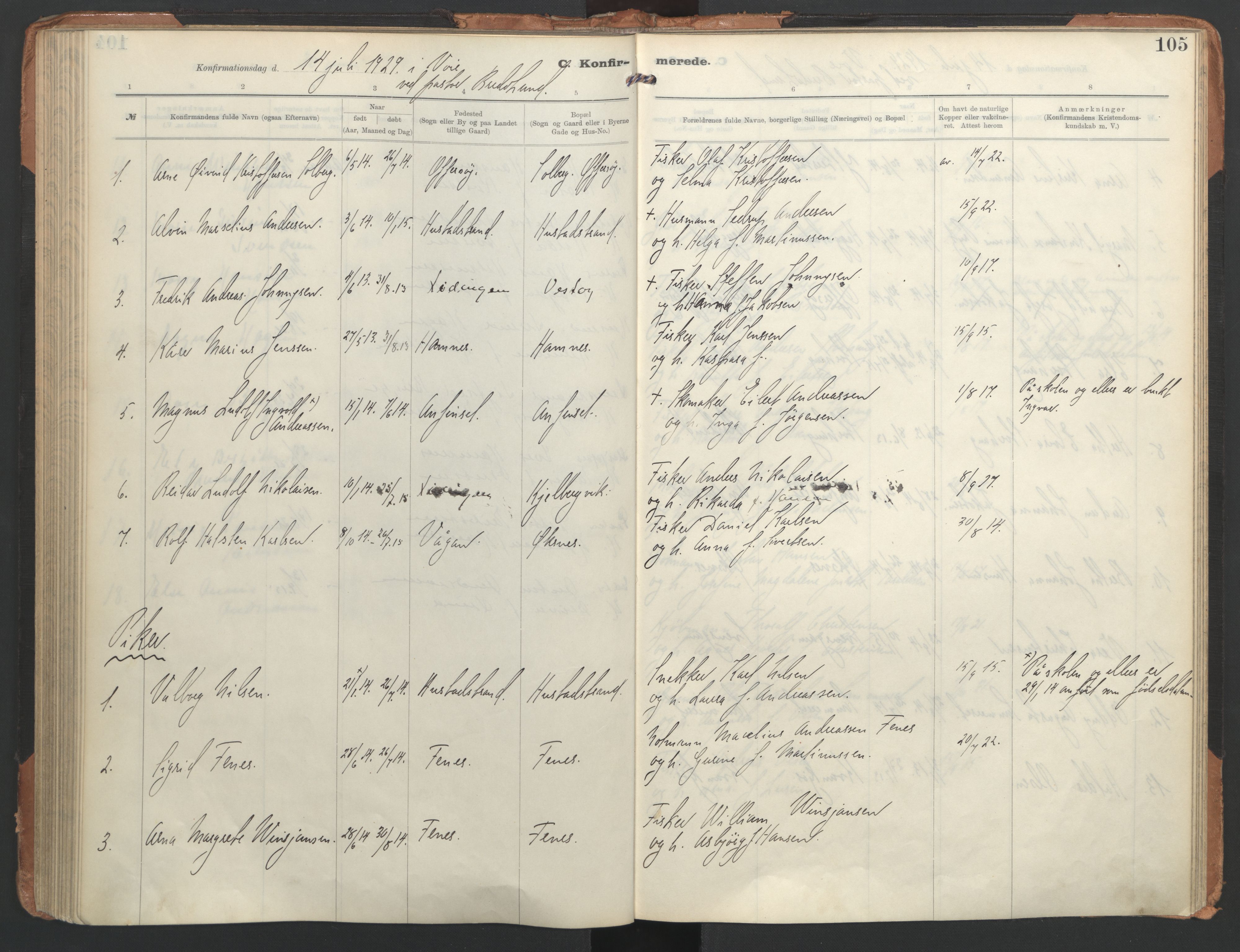 Ministerialprotokoller, klokkerbøker og fødselsregistre - Nordland, AV/SAT-A-1459/872/L1042: Parish register (official) no. 872A17, 1910-1937, p. 105