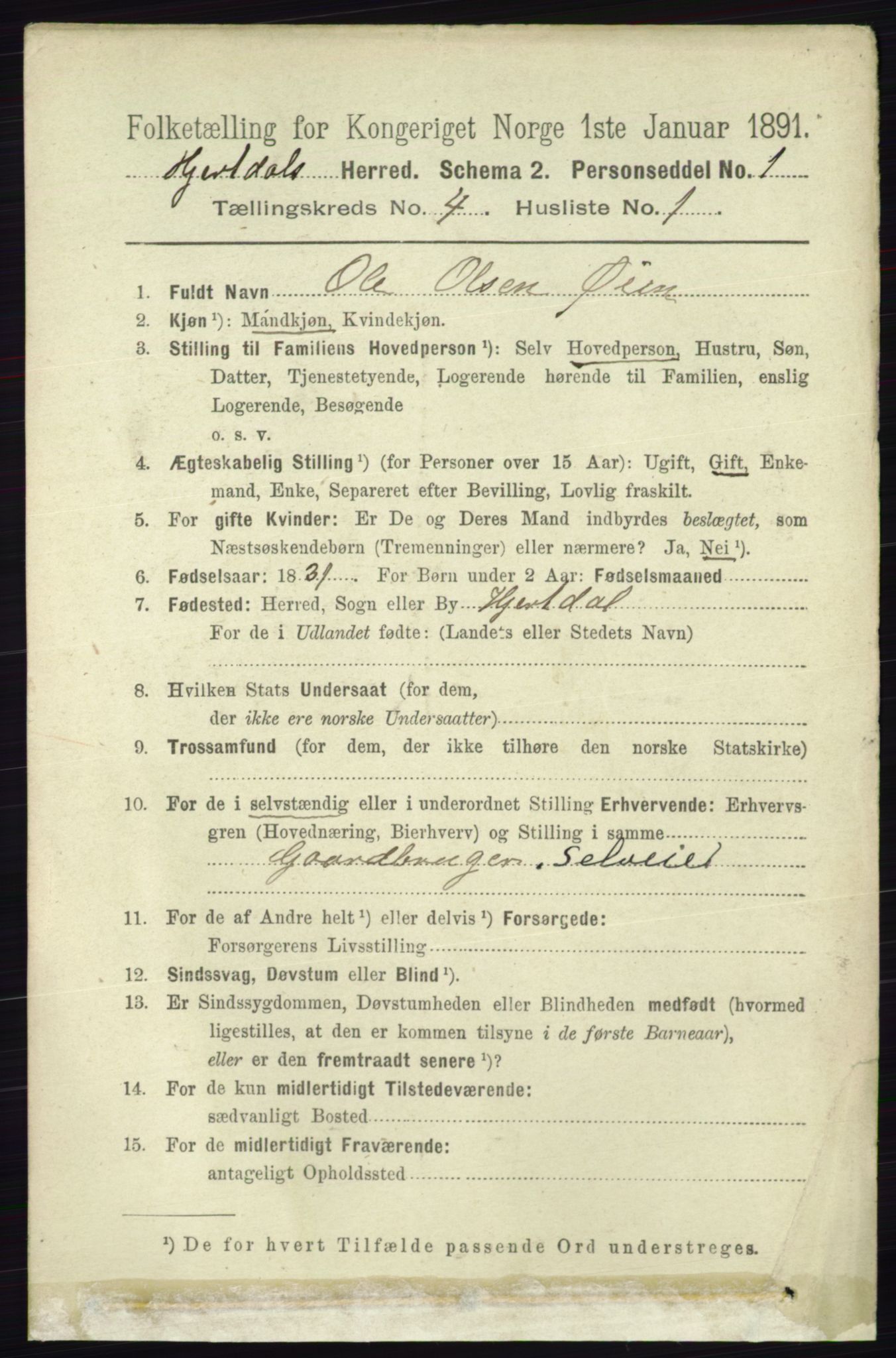RA, 1891 census for 0827 Hjartdal, 1891, p. 1396