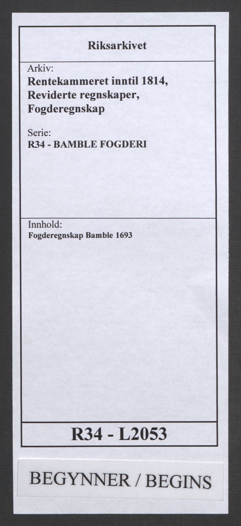 Rentekammeret inntil 1814, Reviderte regnskaper, Fogderegnskap, AV/RA-EA-4092/R34/L2053: Fogderegnskap Bamble, 1693, p. 1