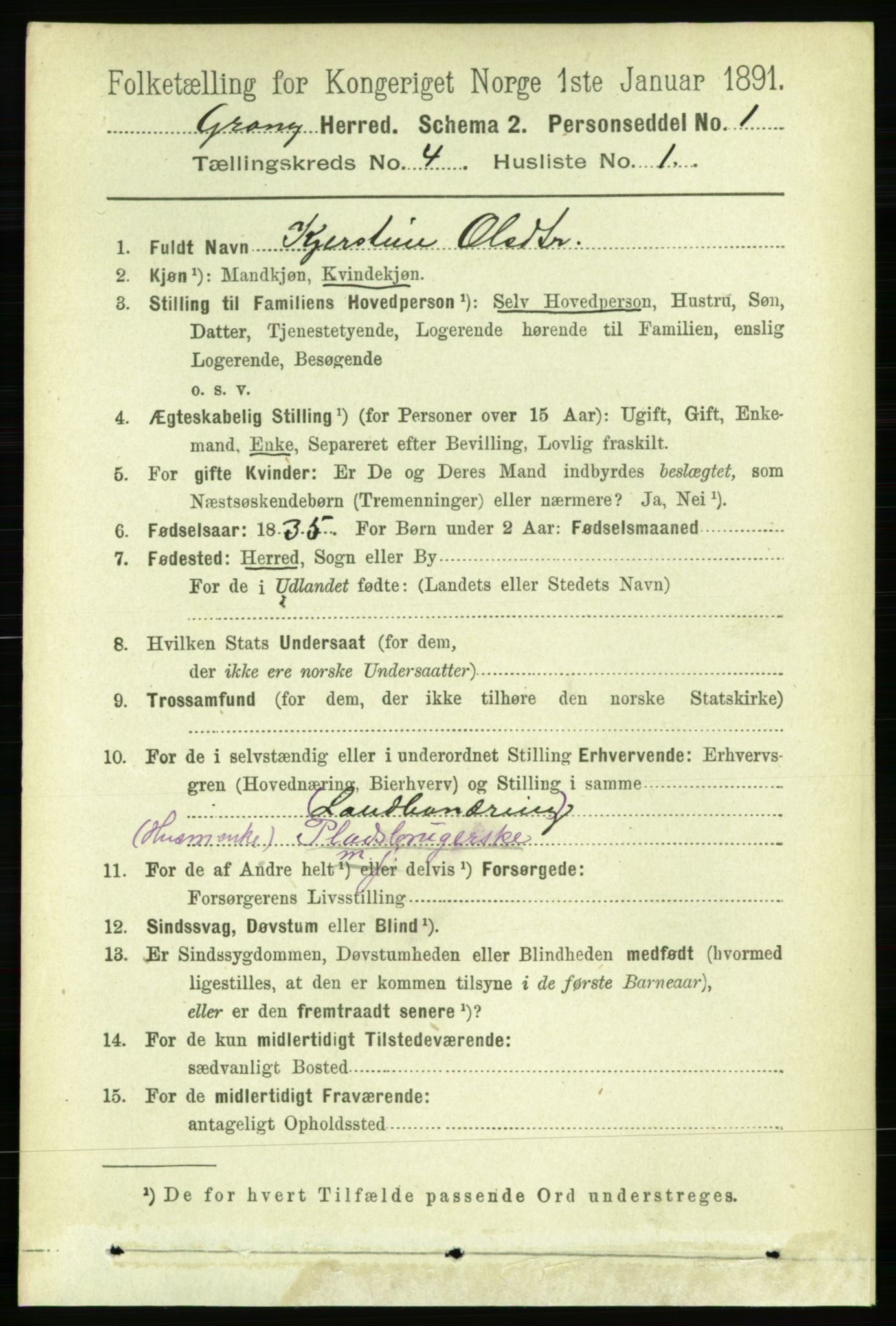 RA, 1891 census for 1742 Grong, 1891, p. 1493