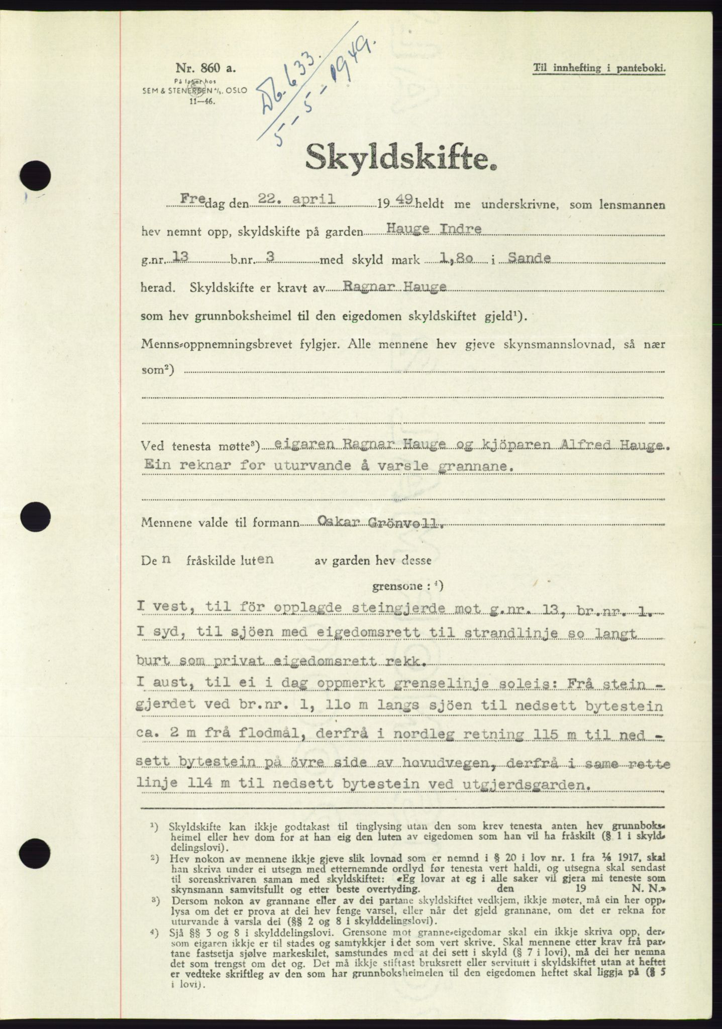 Søre Sunnmøre sorenskriveri, AV/SAT-A-4122/1/2/2C/L0084: Mortgage book no. 10A, 1949-1949, Diary no: : 633/1949