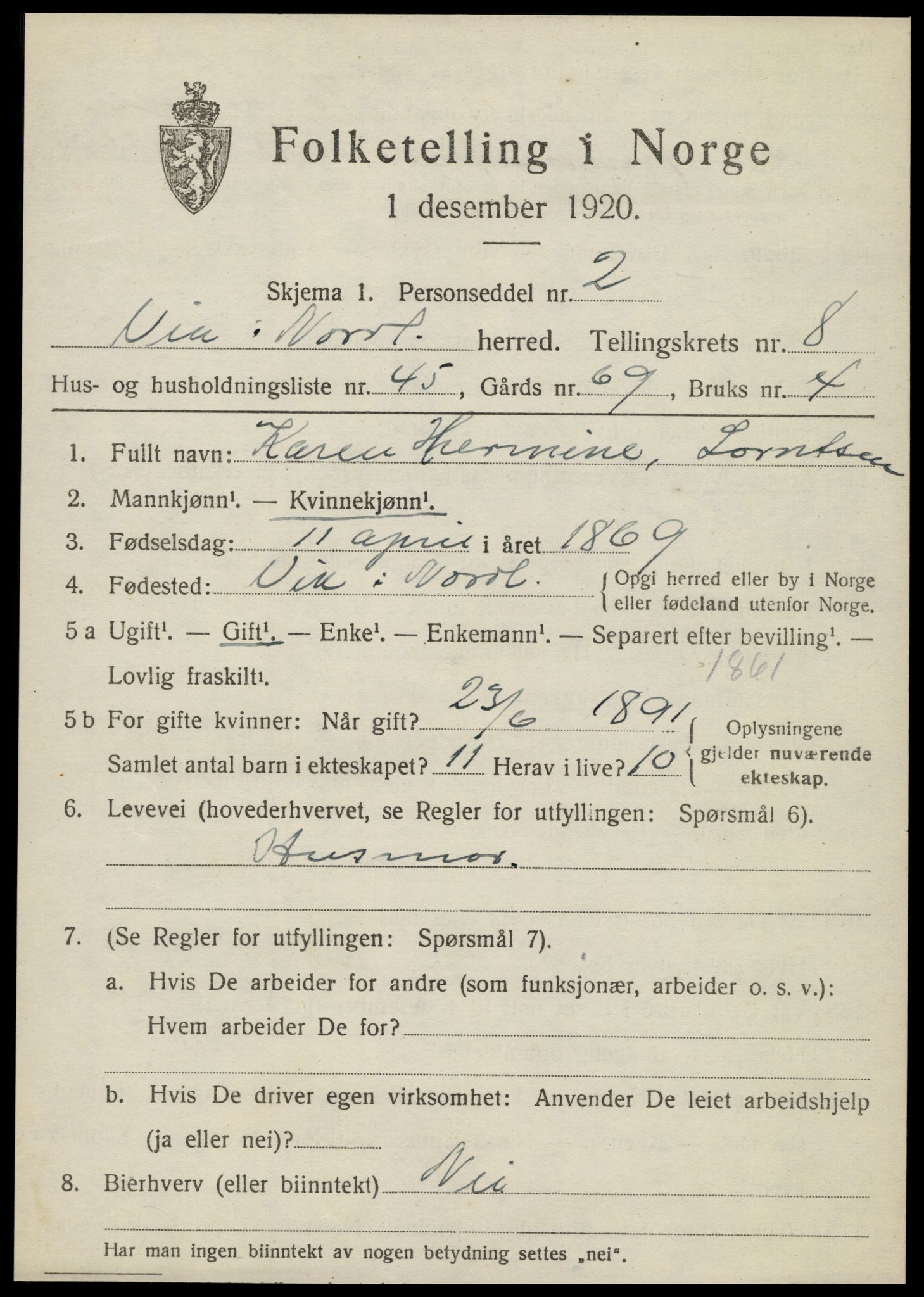 SAT, 1920 census for Vik, 1920, p. 5725