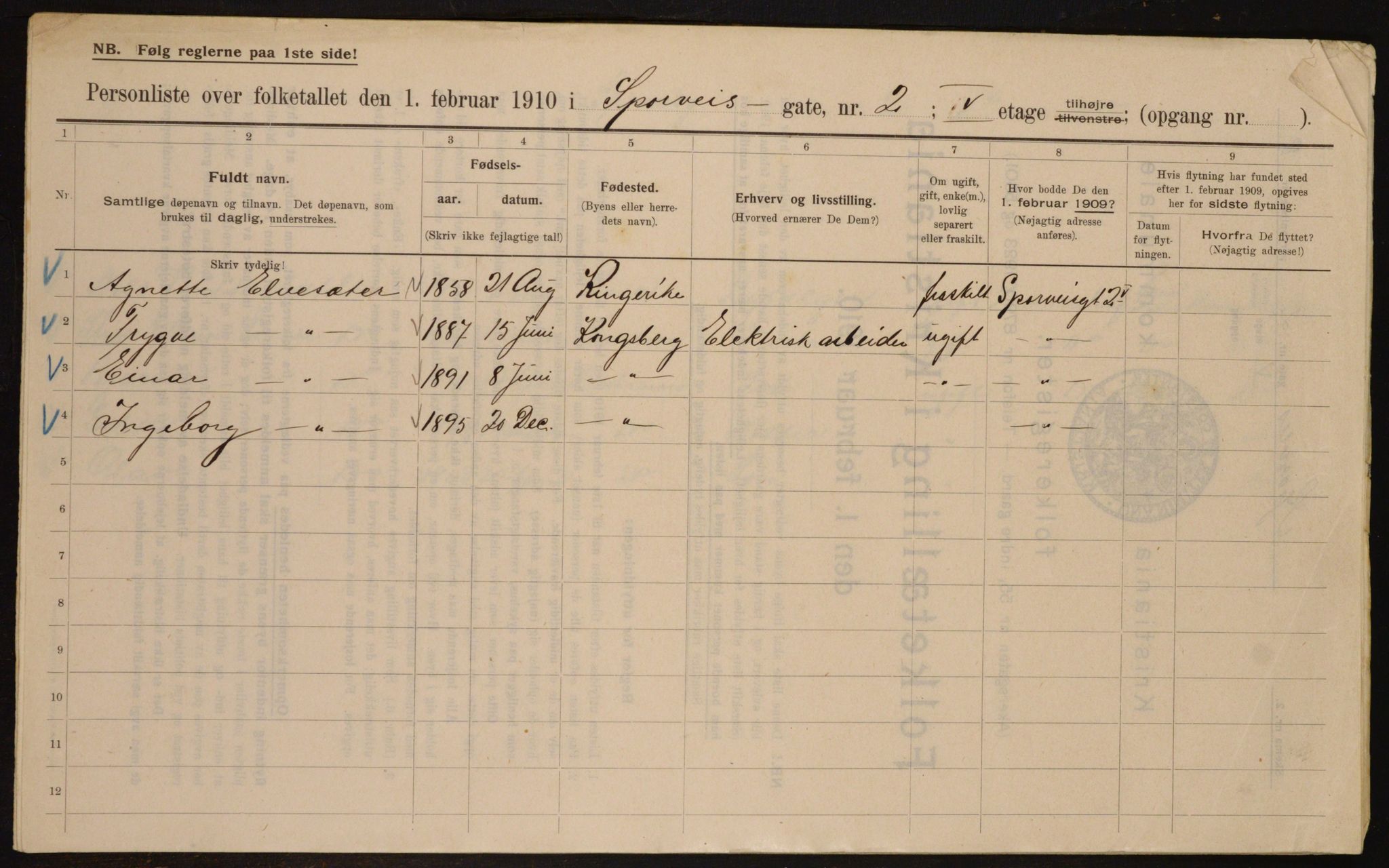 OBA, Municipal Census 1910 for Kristiania, 1910, p. 95514