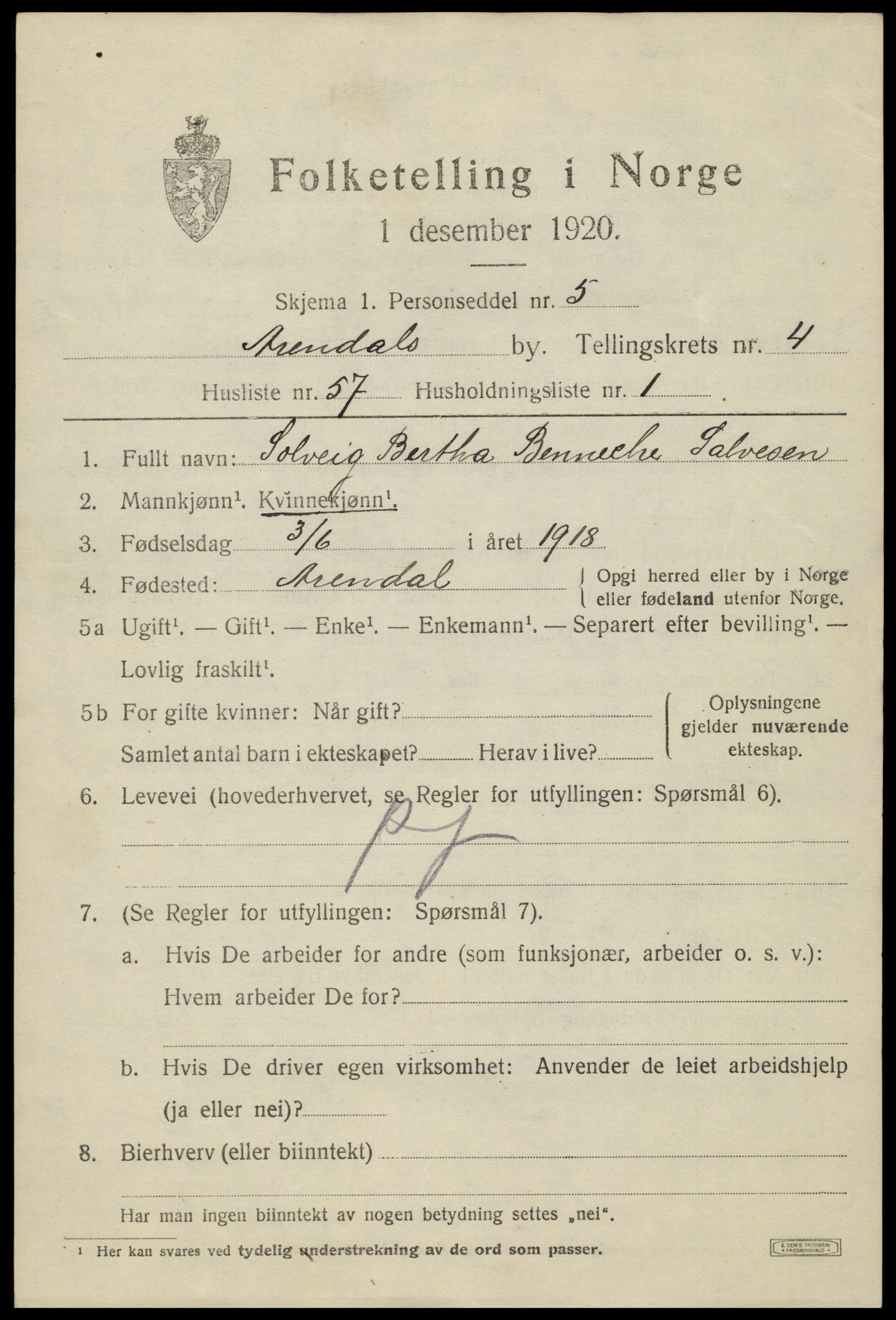 SAK, 1920 census for Arendal, 1920, p. 12442