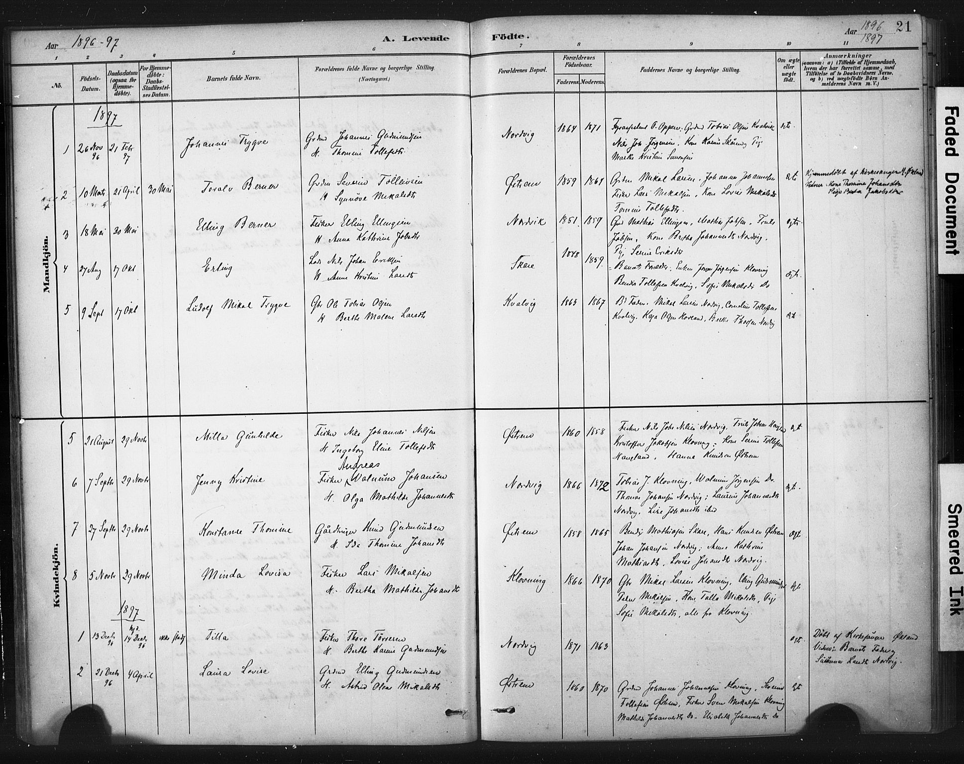 Torvastad sokneprestkontor, AV/SAST-A -101857/H/Ha/Haa/L0016: Parish register (official) no. A 15, 1883-1903, p. 21