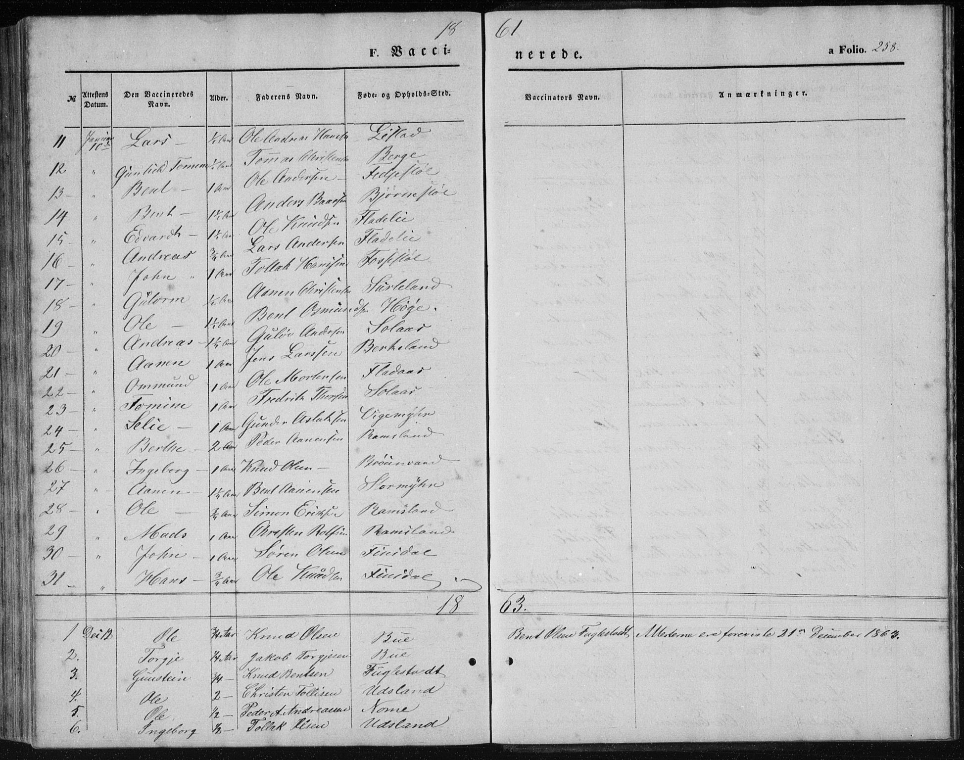 Holum sokneprestkontor, SAK/1111-0022/F/Fb/Fbc/L0002: Parish register (copy) no. B 2, 1860-1882, p. 258