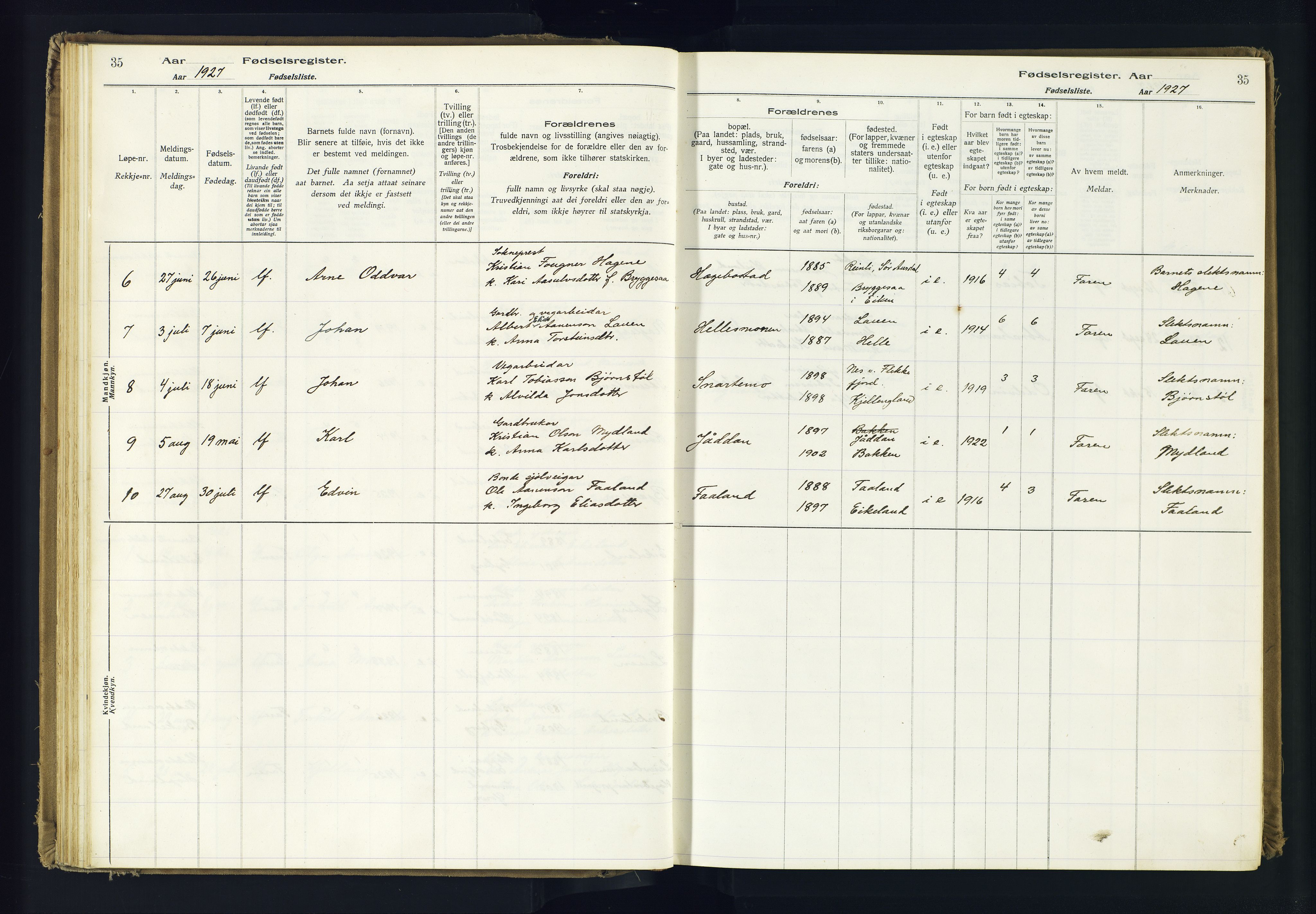 Hægebostad sokneprestkontor, AV/SAK-1111-0024/J/Ja/L0001: Birth register no. II.6.7, 1916-1982, p. 35