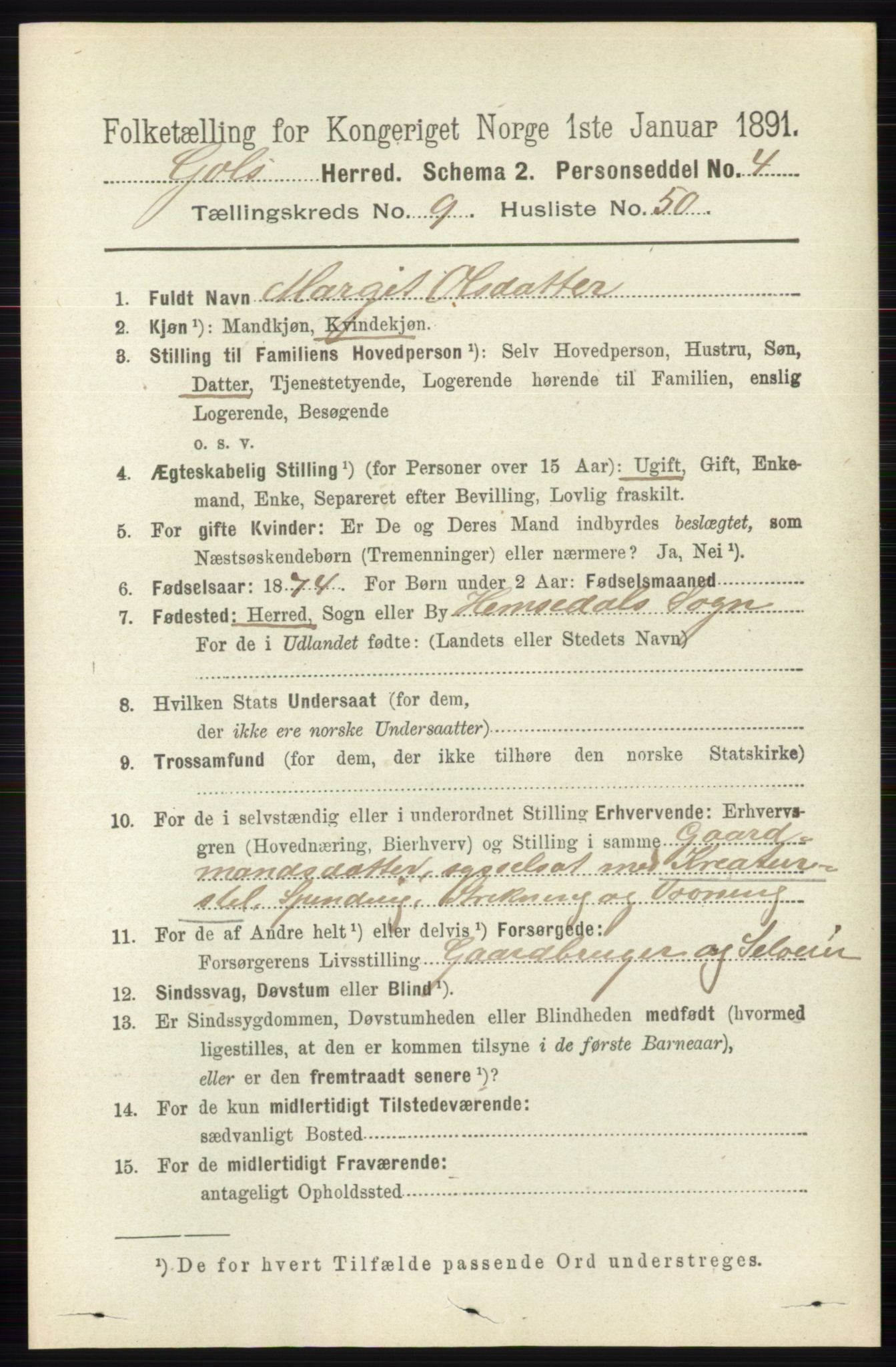 RA, 1891 census for 0617 Gol og Hemsedal, 1891, p. 3681