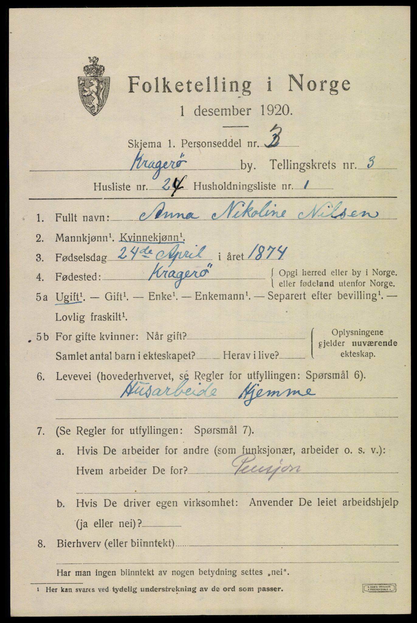 SAKO, 1920 census for Kragerø, 1920, p. 7325