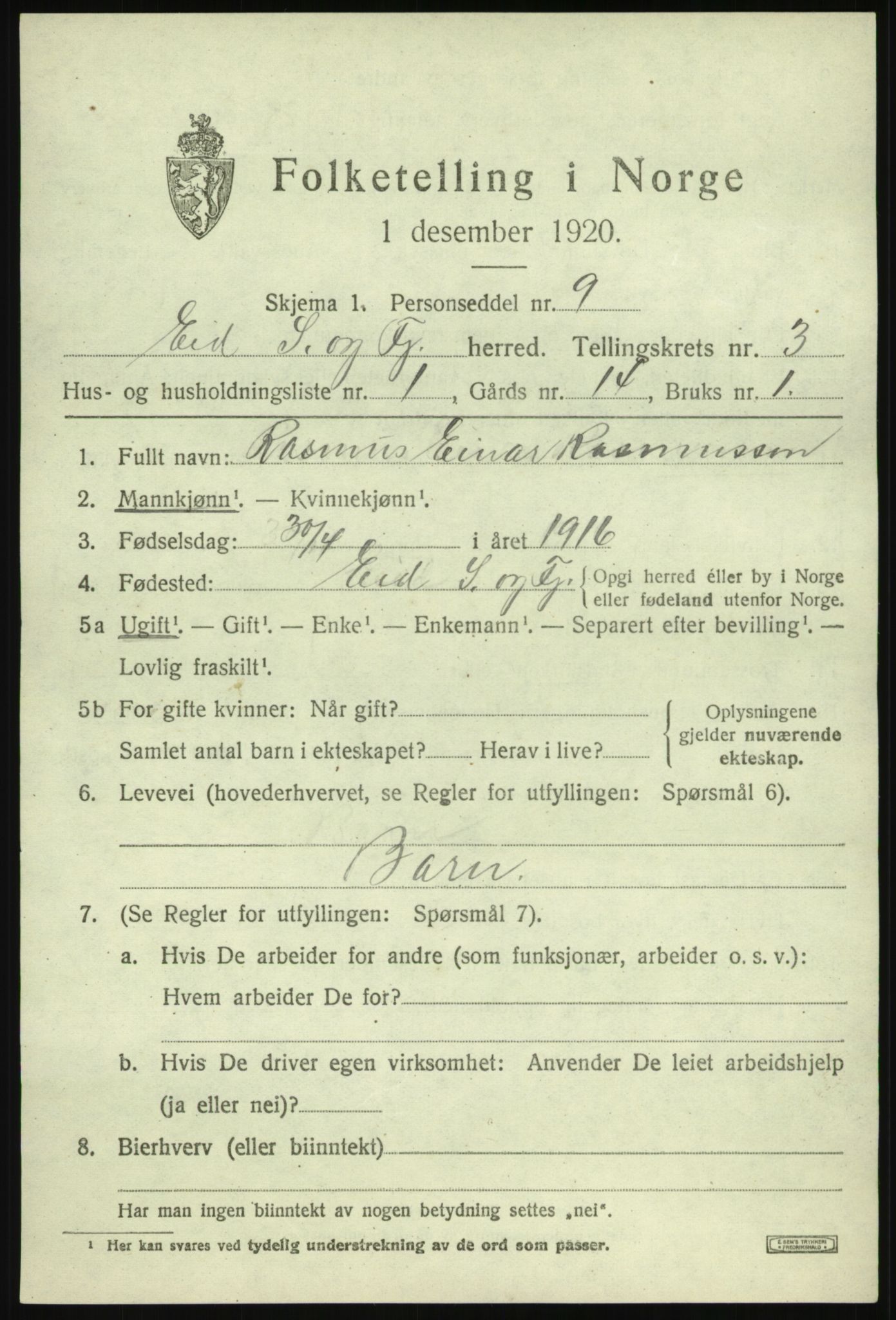 SAB, 1920 census for Eid, 1920, p. 2014
