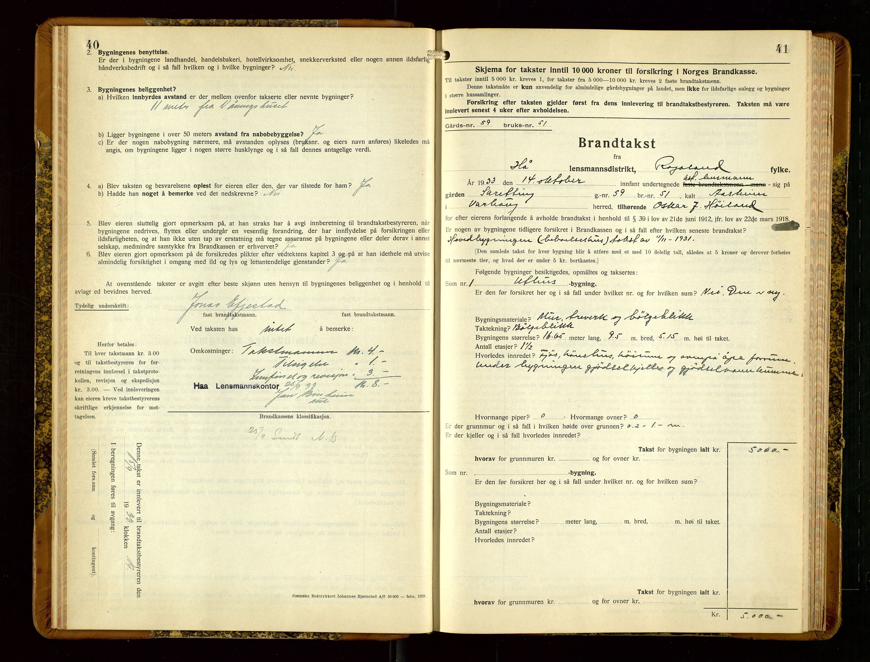 Hå lensmannskontor, AV/SAST-A-100456/Goa/L0006: Takstprotokoll (skjema), 1932-1938, p. 40-41