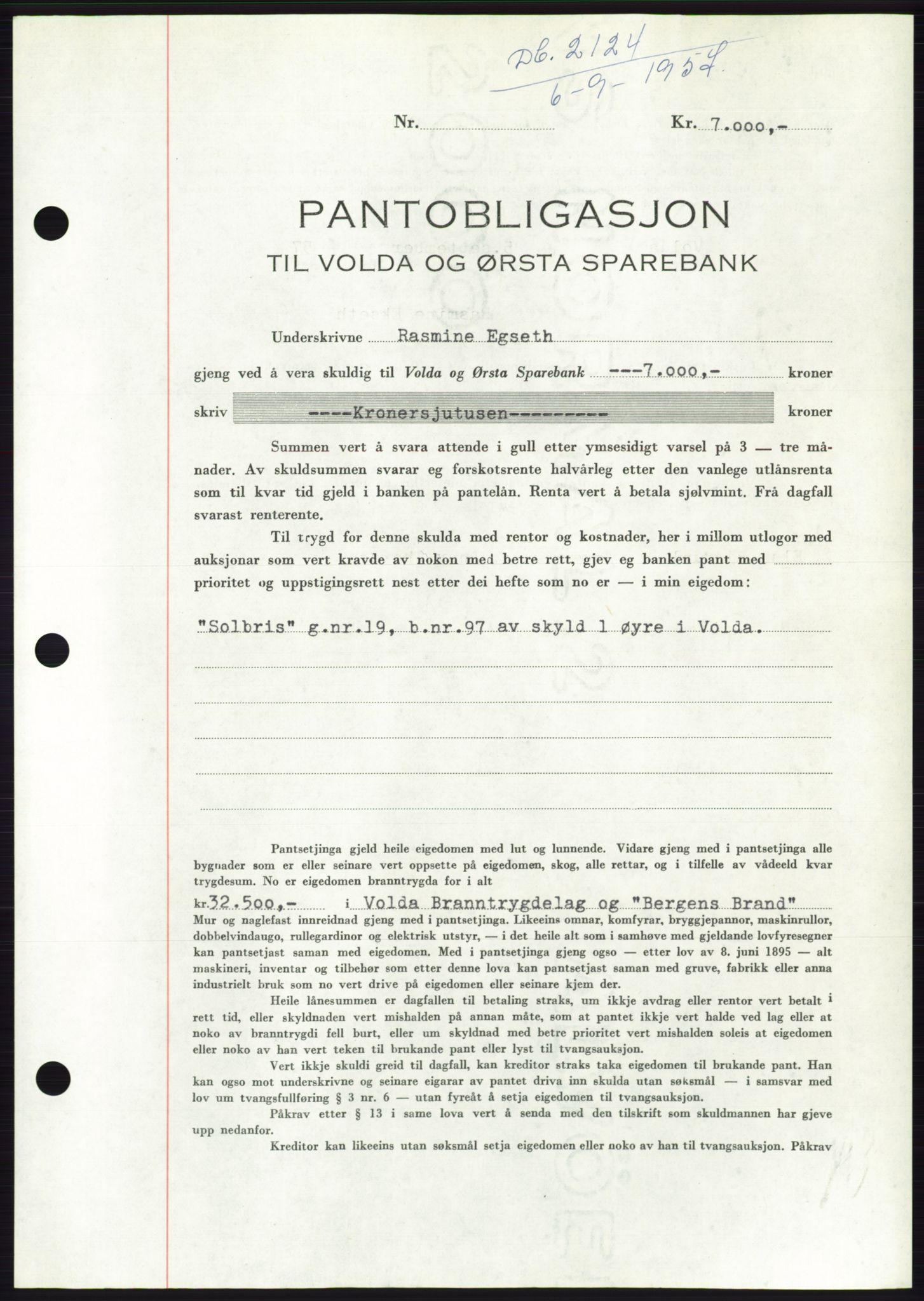 Søre Sunnmøre sorenskriveri, AV/SAT-A-4122/1/2/2C/L0130: Mortgage book no. 18B, 1957-1958, Diary no: : 2124/1957