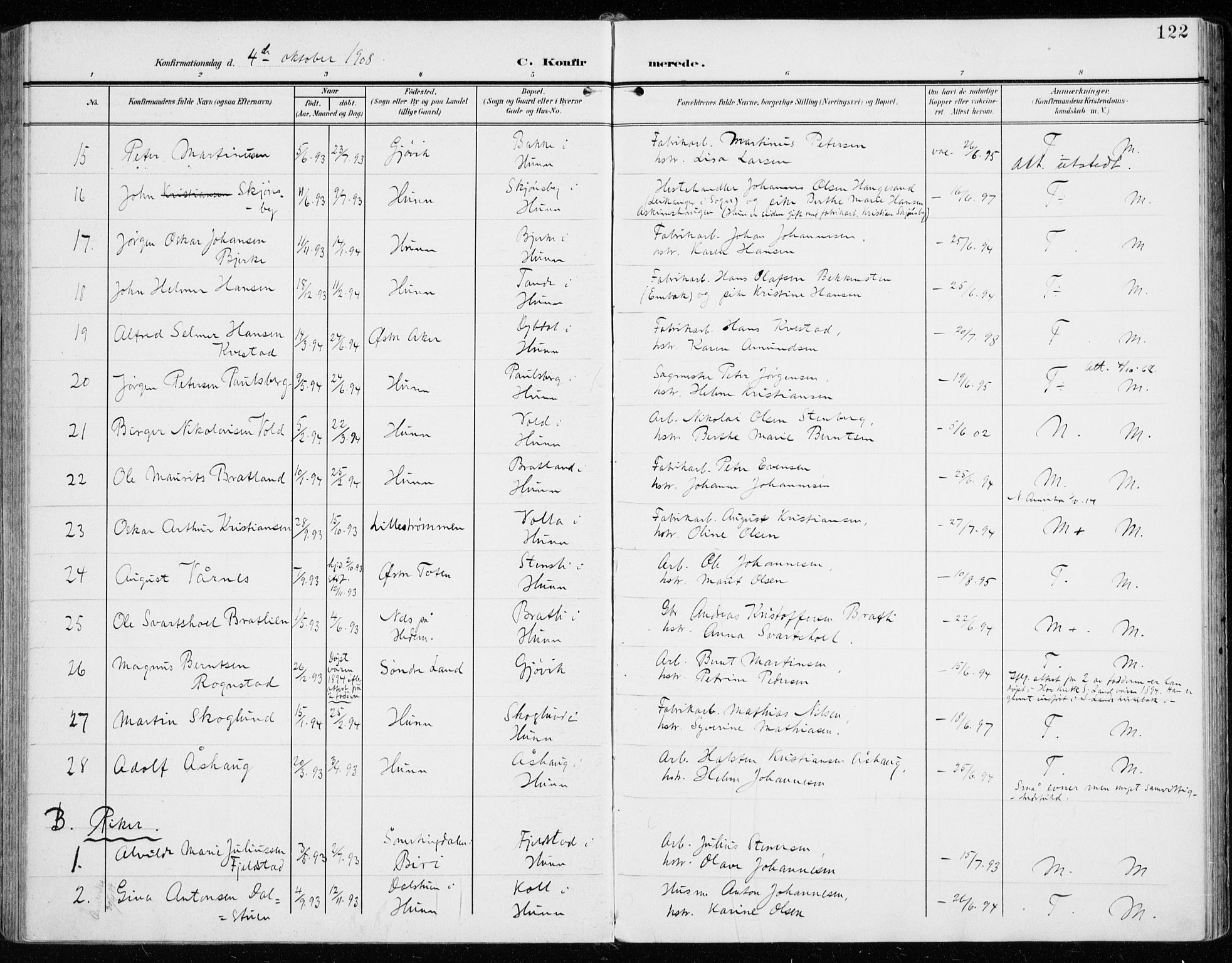 Vardal prestekontor, AV/SAH-PREST-100/H/Ha/Haa/L0016: Parish register (official) no. 16, 1904-1916, p. 122