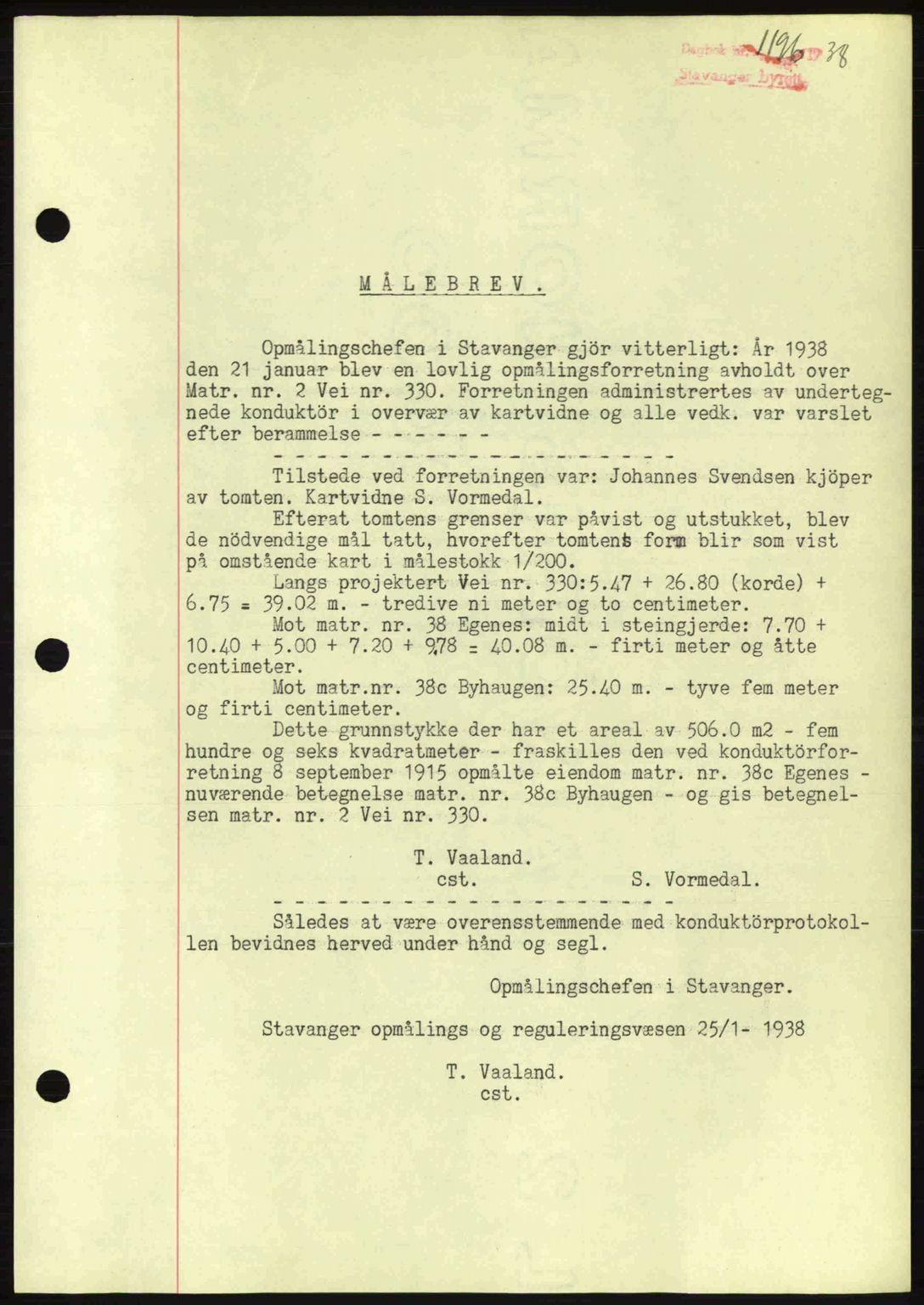 Stavanger byrett, SAST/A-100455/002/G/Gb/L0013: Mortgage book no. A3, 1937-1938, Diary no: : 1196/1938