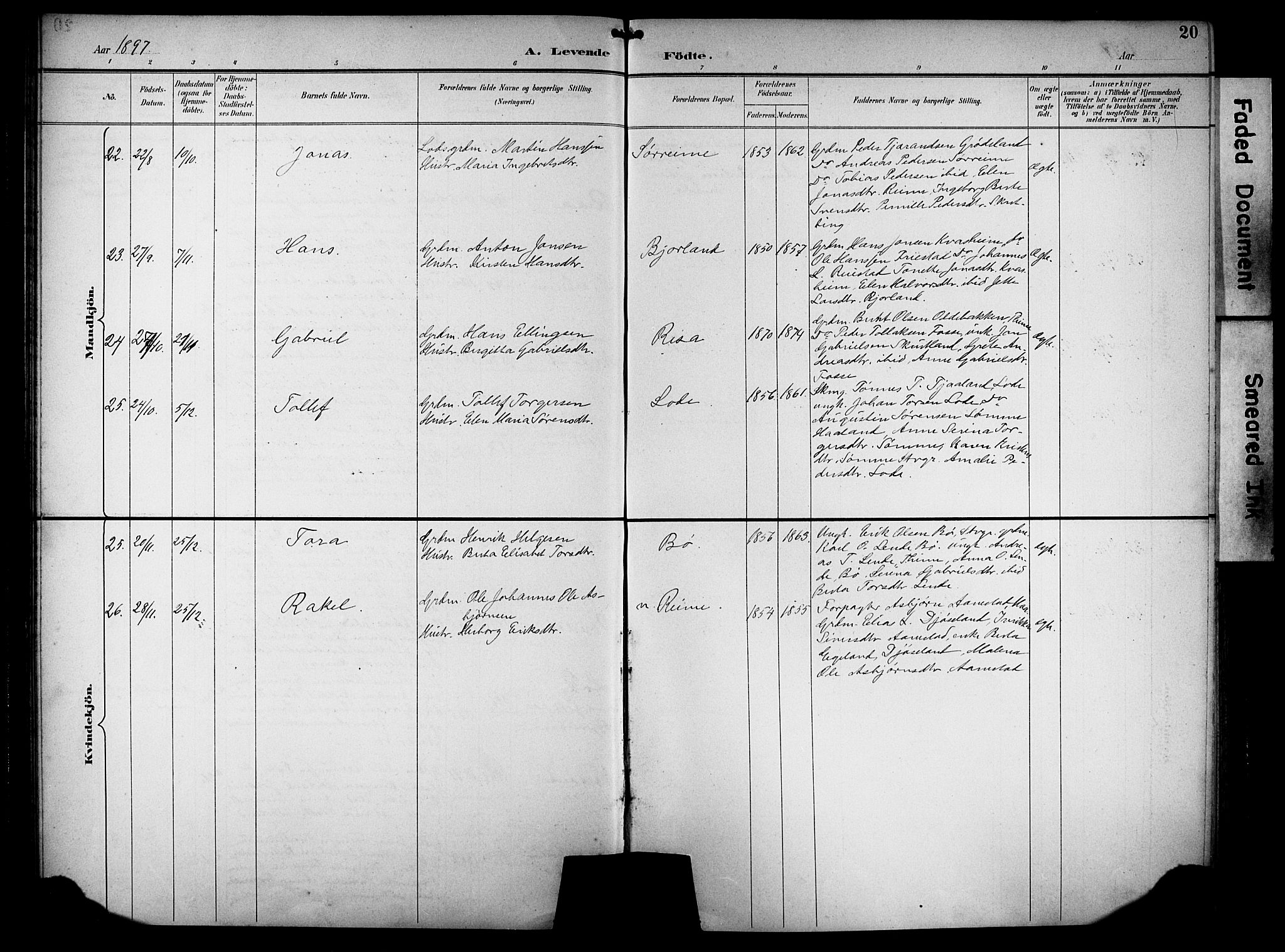 Hå sokneprestkontor, AV/SAST-A-101801/001/30BB/L0005: Parish register (copy) no. B 5, 1894-1912, p. 20