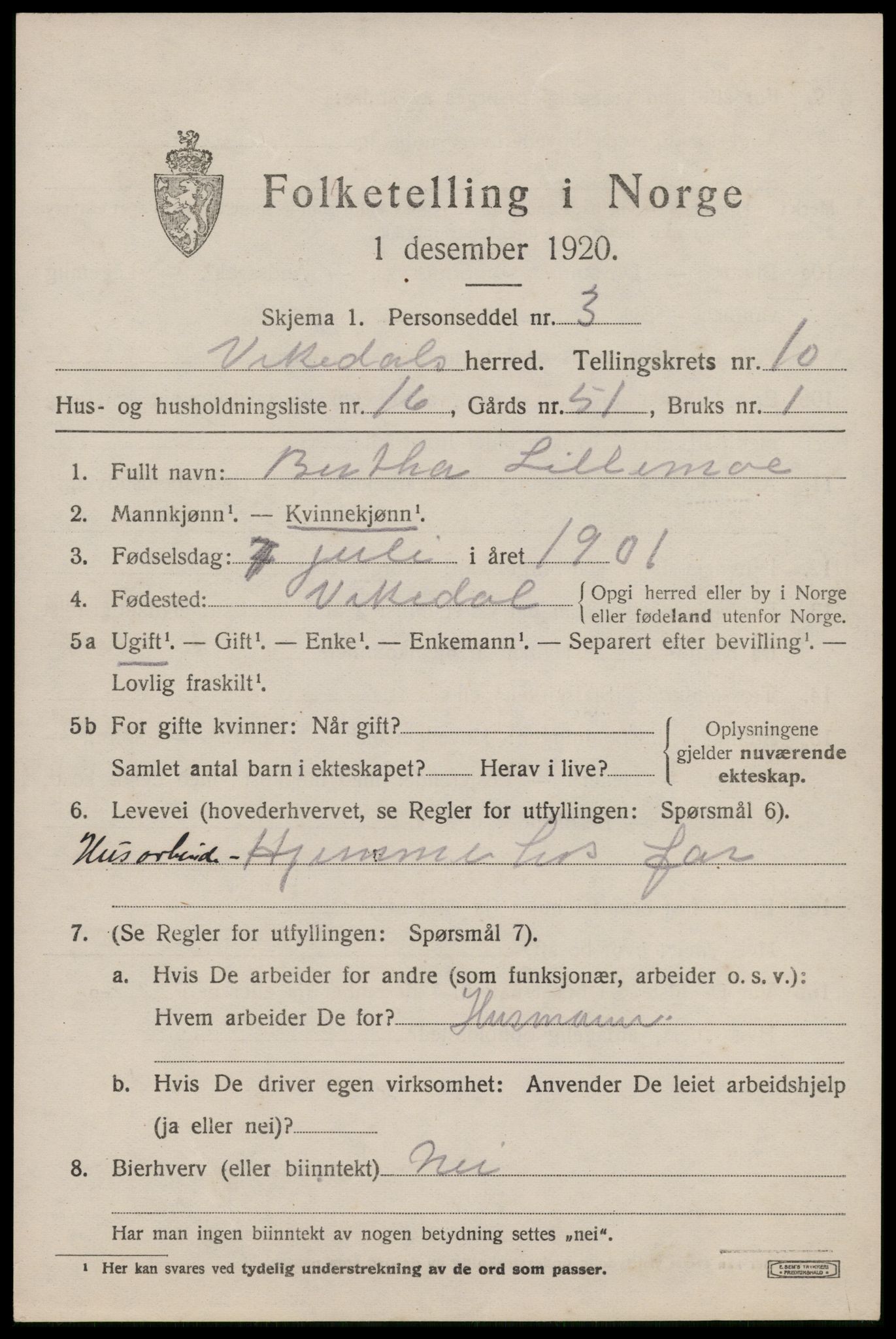 SAST, 1920 census for Vikedal, 1920, p. 3561