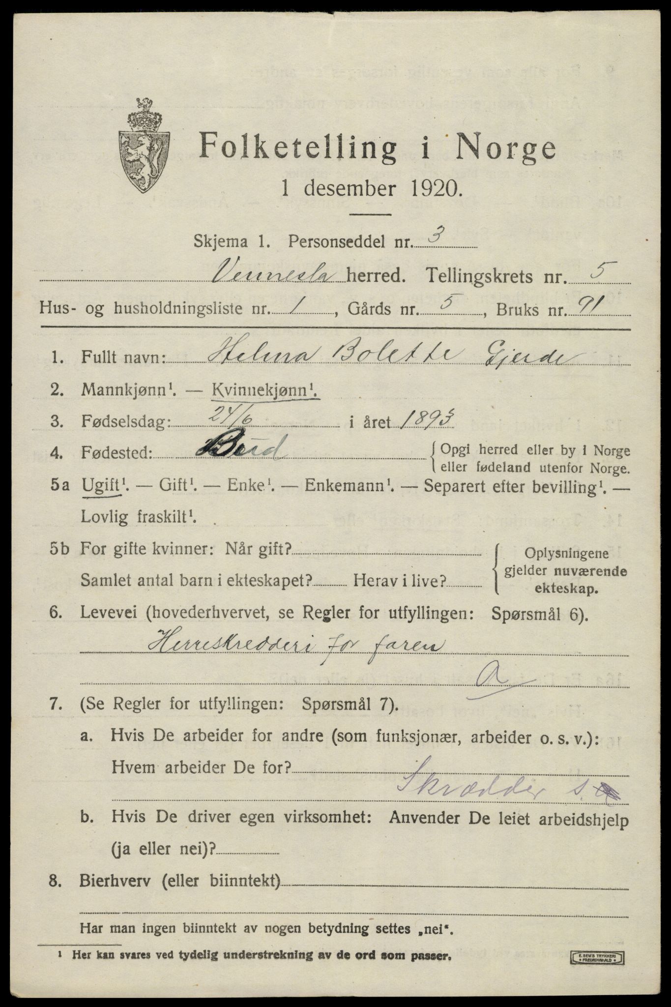 SAK, 1920 census for Vennesla, 1920, p. 3240