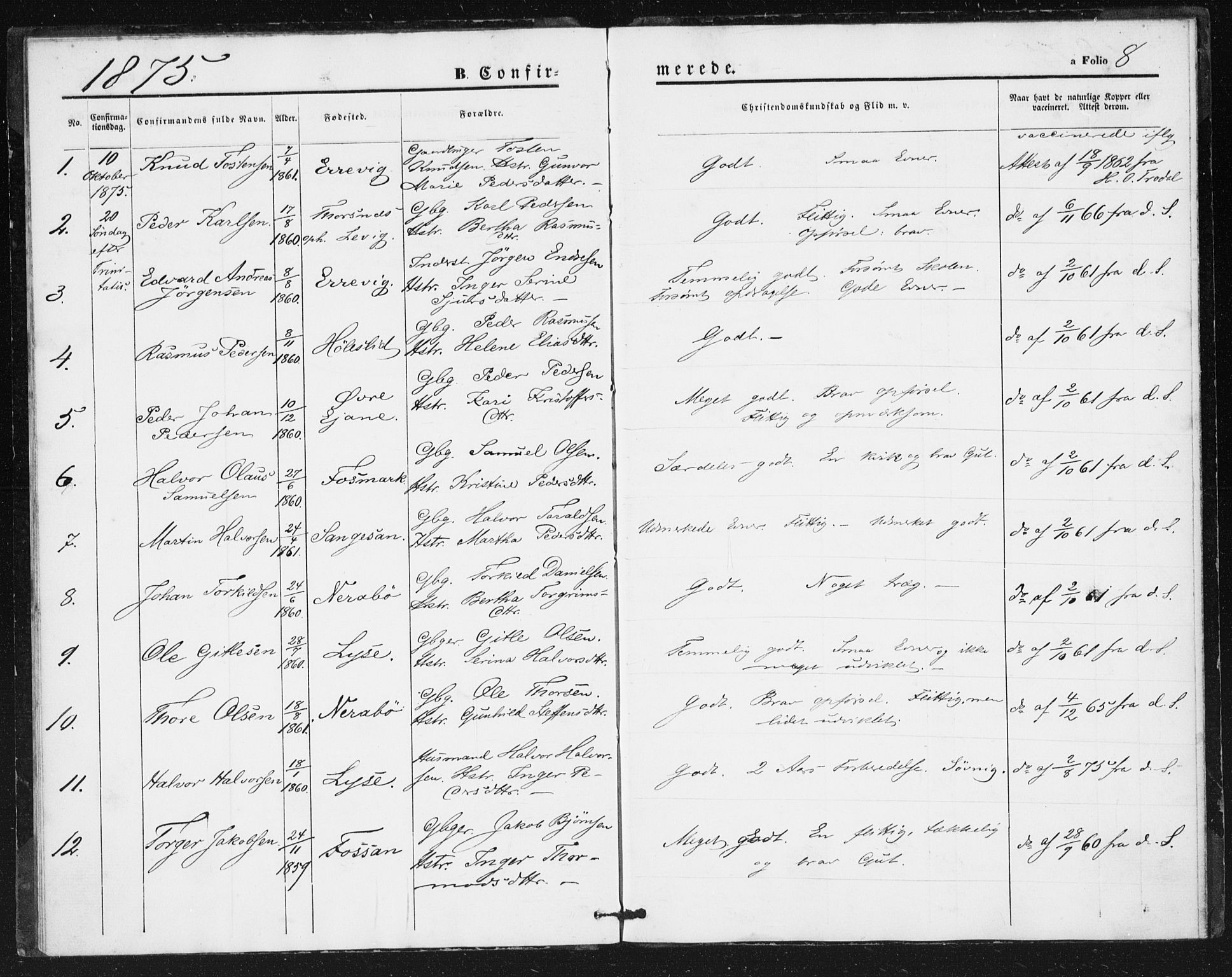 Høgsfjord sokneprestkontor, SAST/A-101624/H/Ha/Haa/L0003: Parish register (official) no. A 3, 1874-1875, p. 8