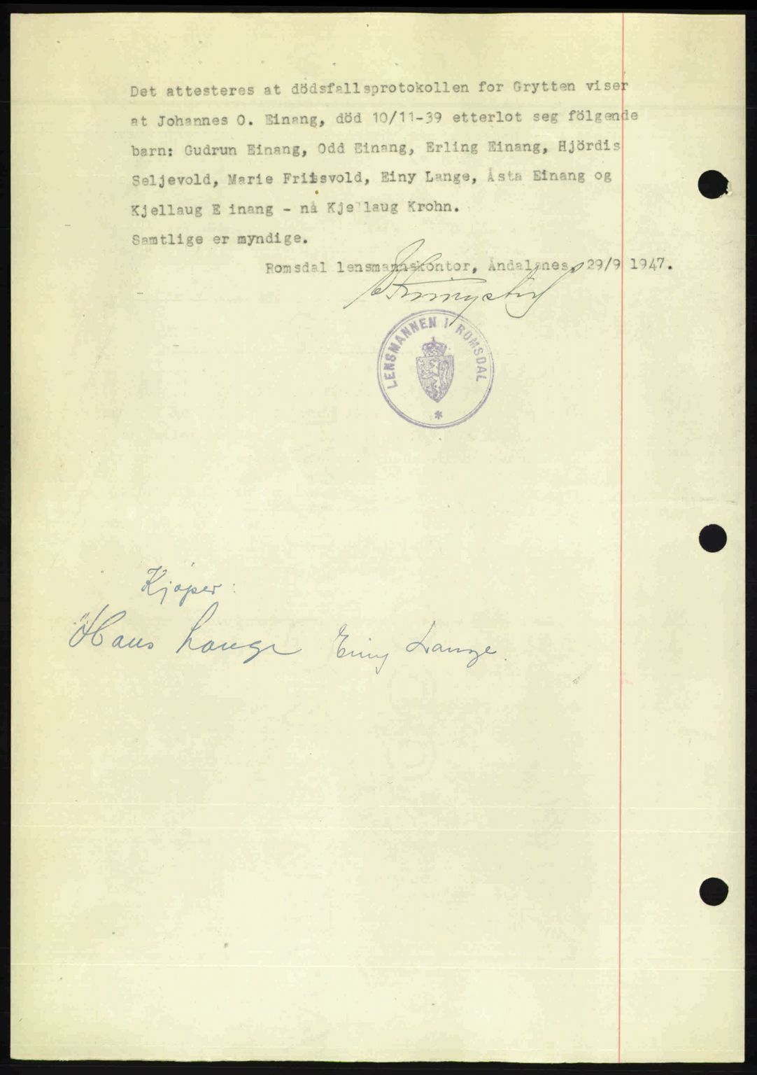 Romsdal sorenskriveri, SAT/A-4149/1/2/2C: Mortgage book no. A24, 1947-1947, Diary no: : 2440/1947