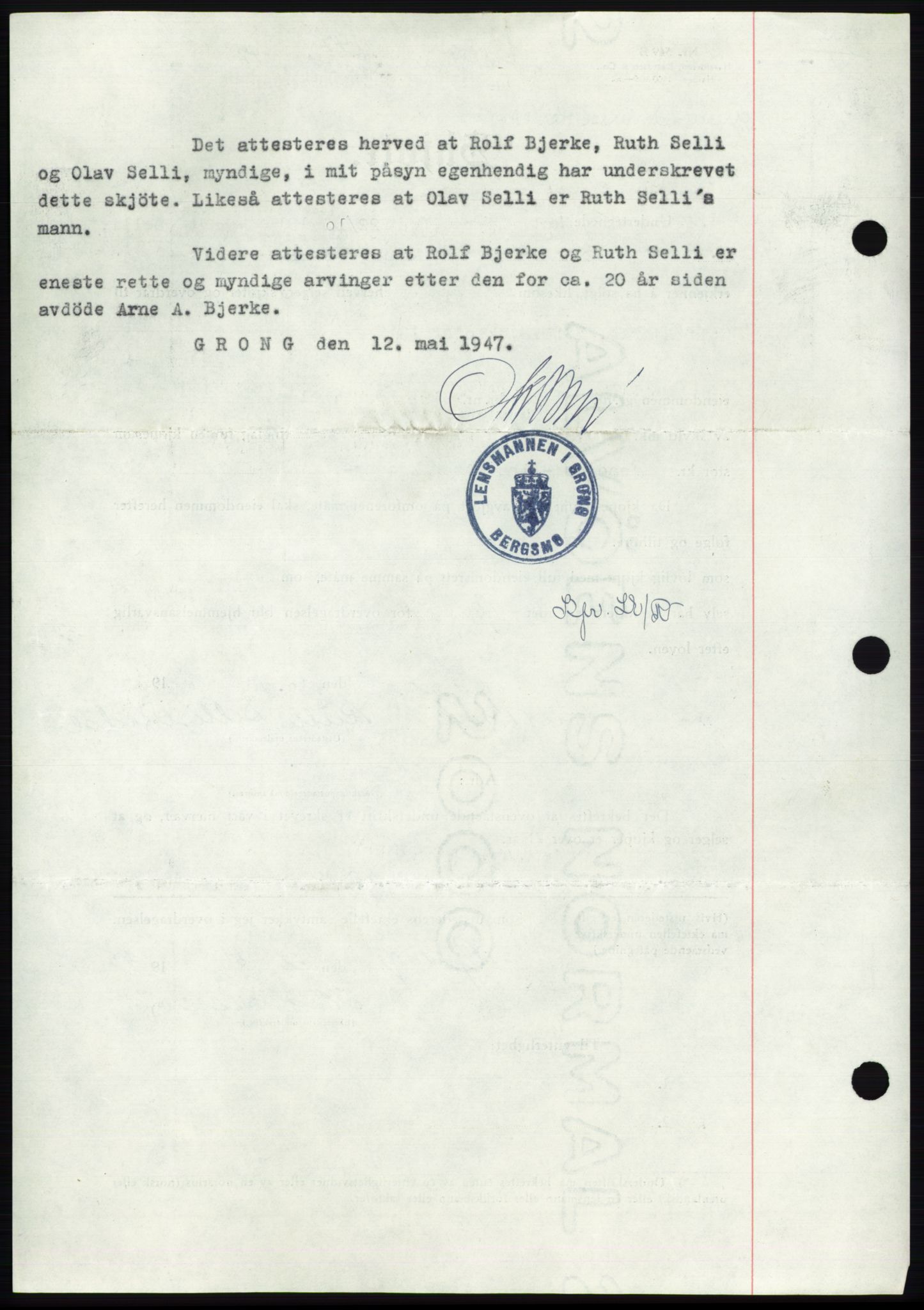 Namdal sorenskriveri, AV/SAT-A-4133/1/2/2C: Mortgage book no. -, 1947-1947, Diary no: : 1147/1947