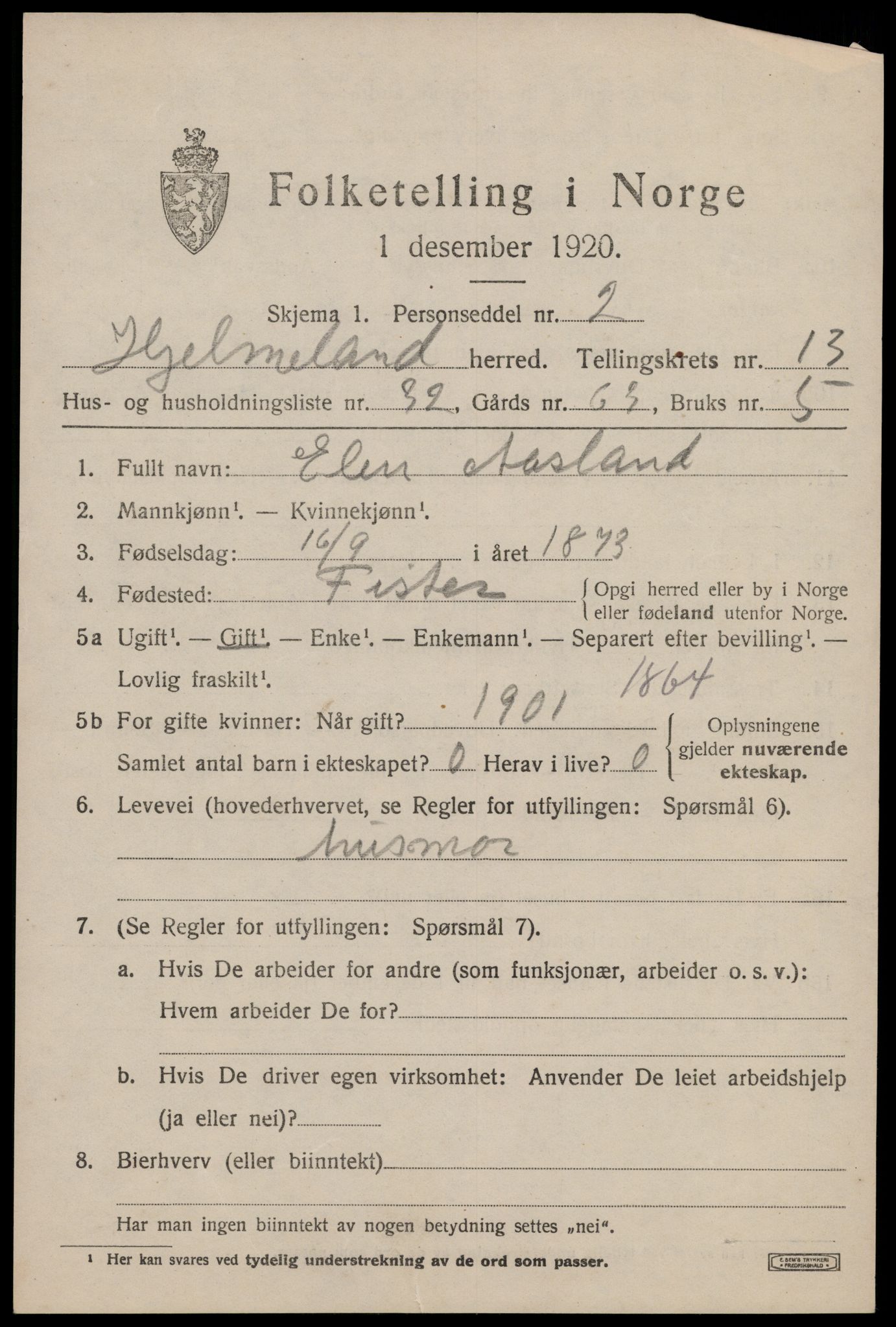 SAST, 1920 census for Hjelmeland, 1920, p. 4417