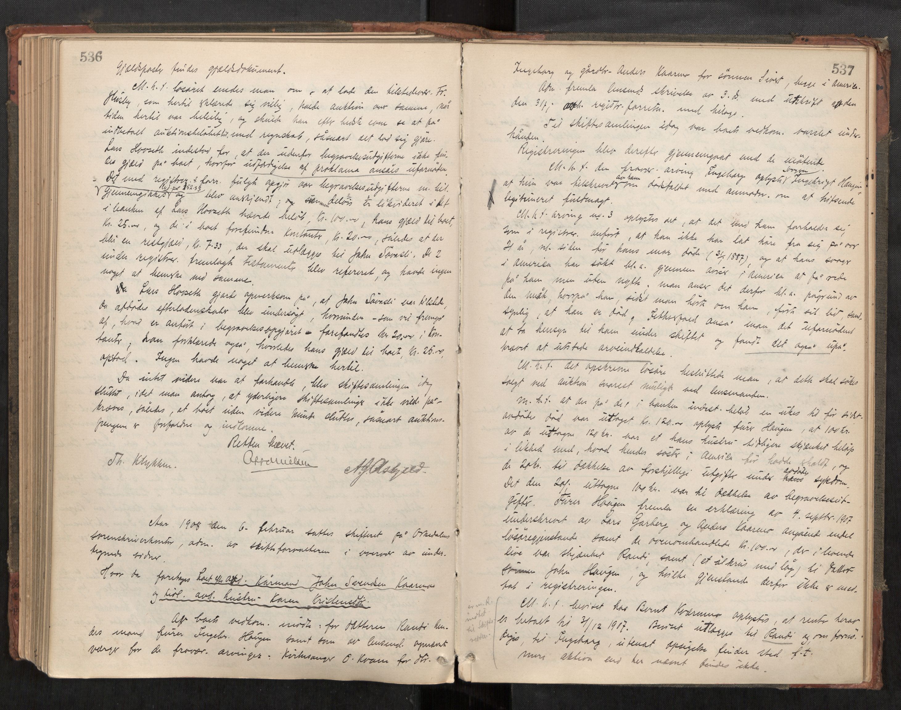 Orkdal sorenskriveri, AV/SAT-A-4169/1/3/3B/L0010: Skiftebehandlingsprotokoll, 1896-1910, p. 536-537