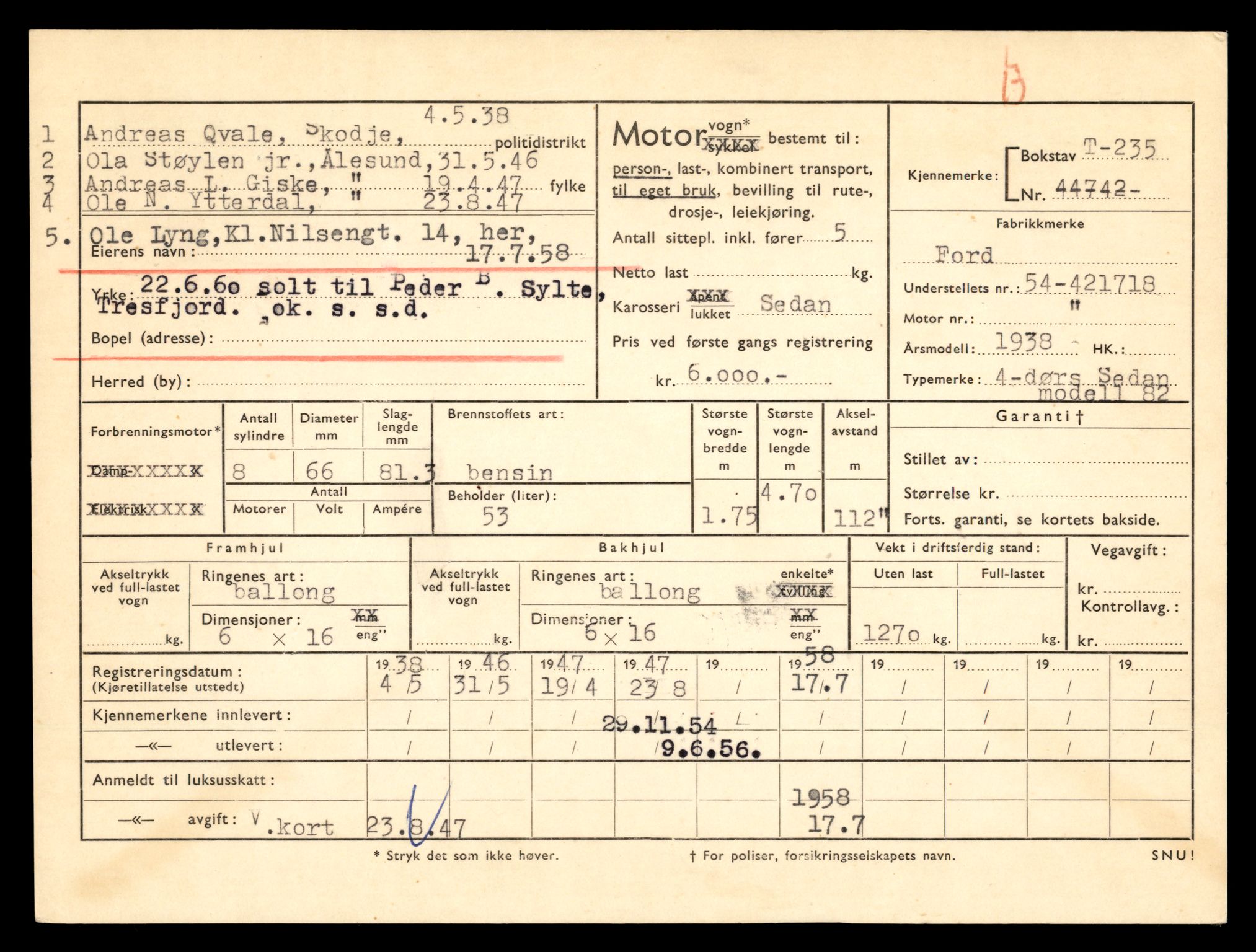 Møre og Romsdal vegkontor - Ålesund trafikkstasjon, AV/SAT-A-4099/F/Fe/L0003: Registreringskort for kjøretøy T 232 - T 340, 1927-1998, p. 77