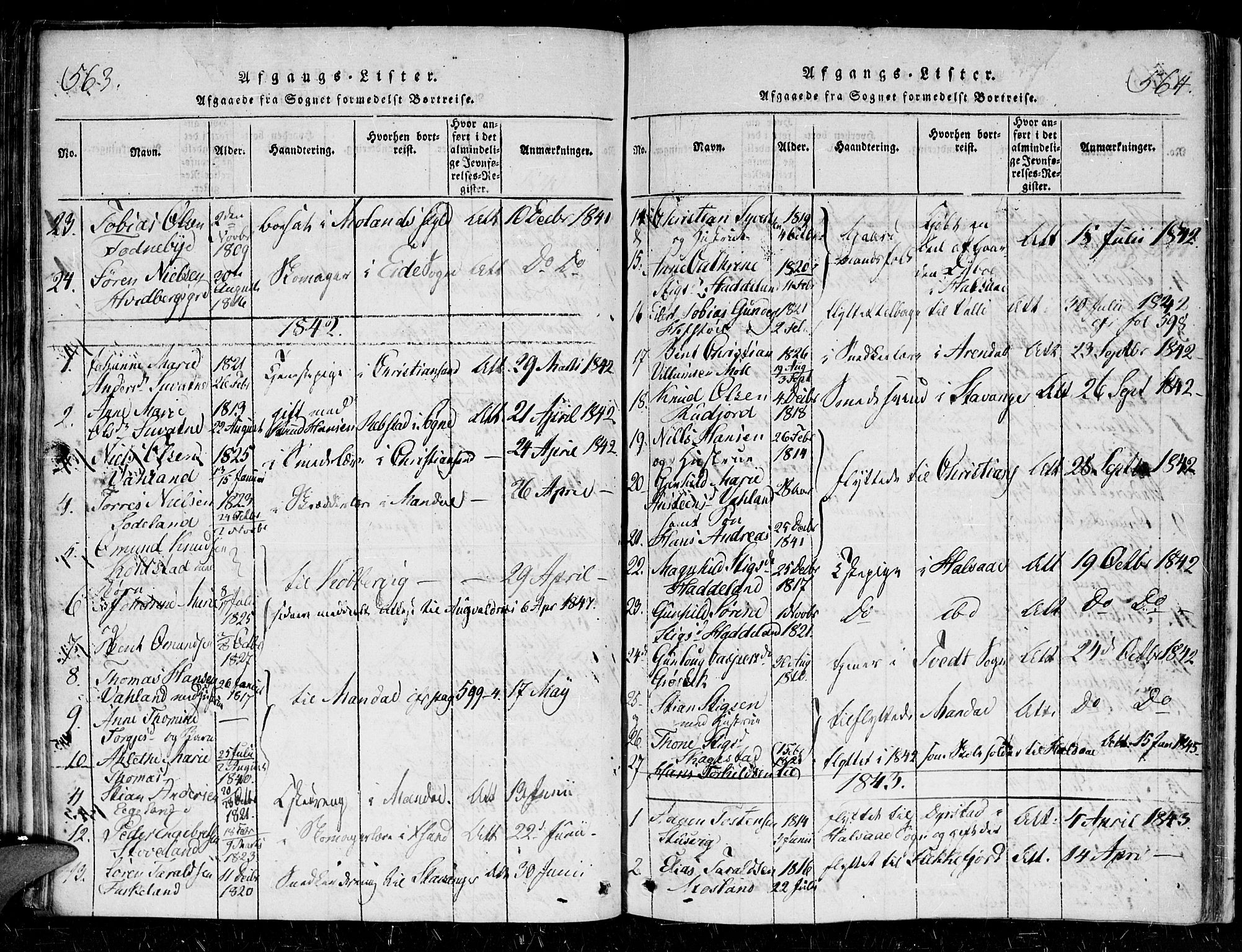 Holum sokneprestkontor, AV/SAK-1111-0022/F/Fa/Faa/L0004: Parish register (official) no. A 4, 1820-1849, p. 563-564