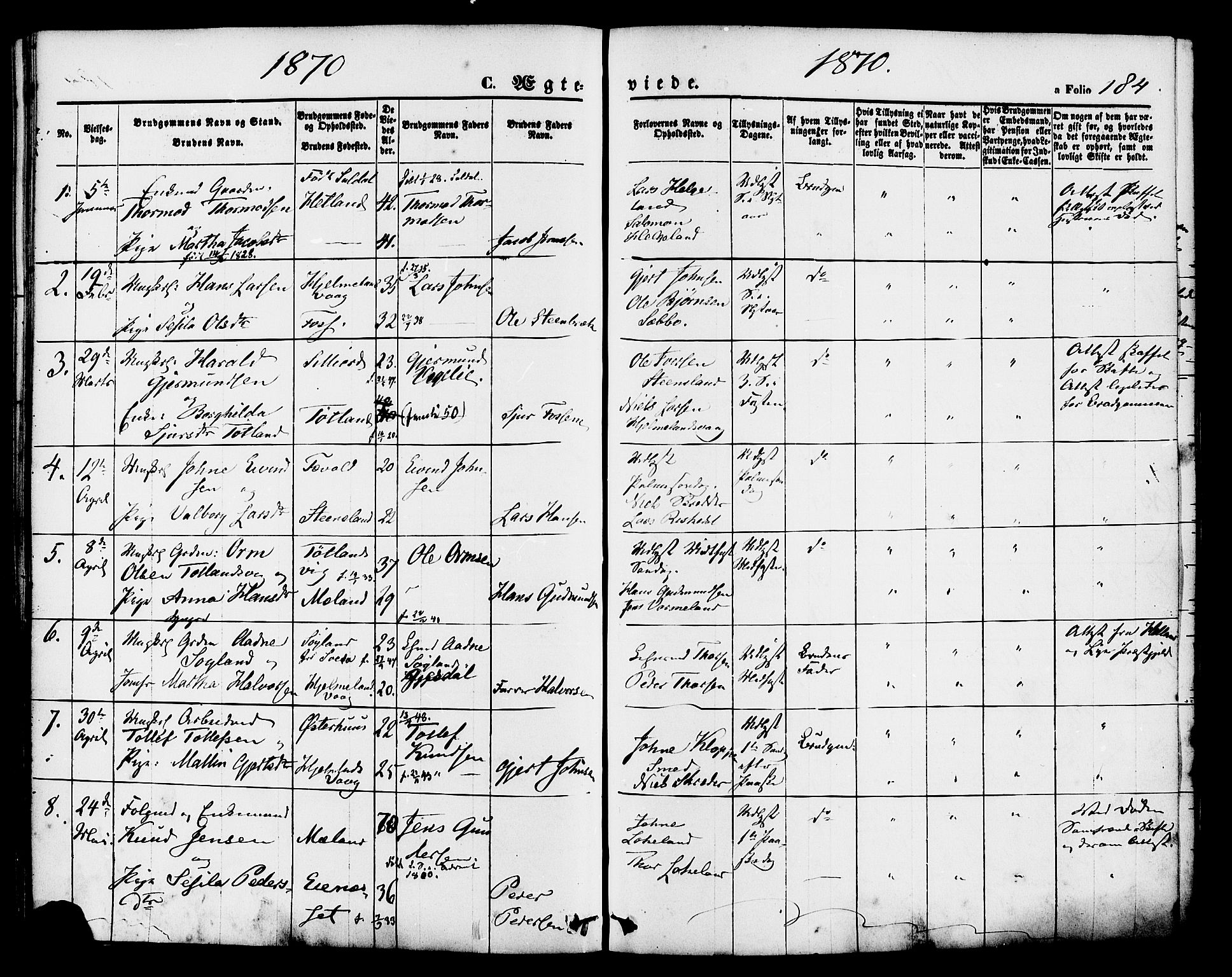 Hjelmeland sokneprestkontor, AV/SAST-A-101843/01/IV/L0011: Parish register (official) no. A 11, 1861-1878, p. 184