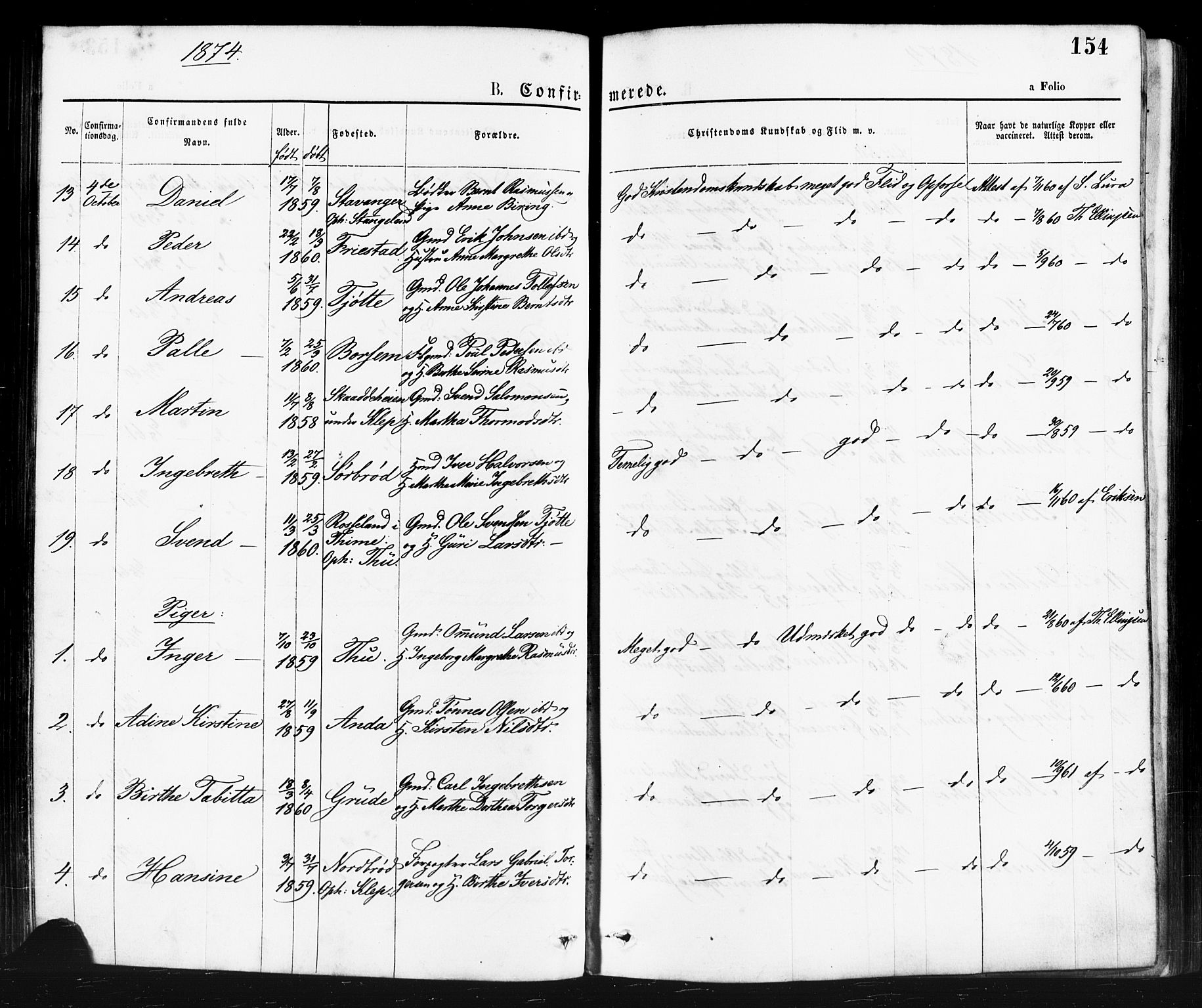 Klepp sokneprestkontor, AV/SAST-A-101803/001/3/30BA/L0006: Parish register (official) no. A 6, 1871-1885, p. 154