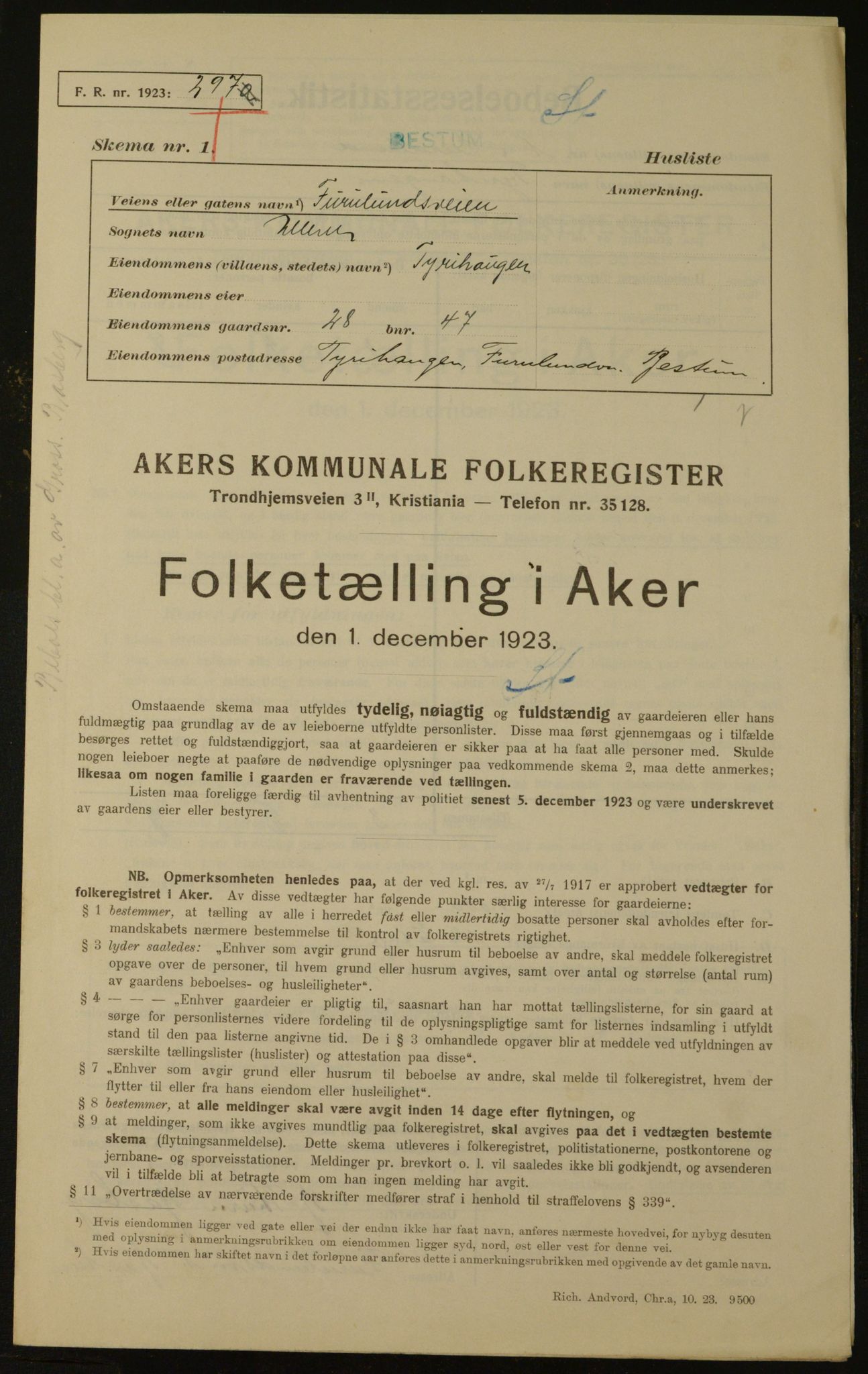 , Municipal Census 1923 for Aker, 1923, p. 1912