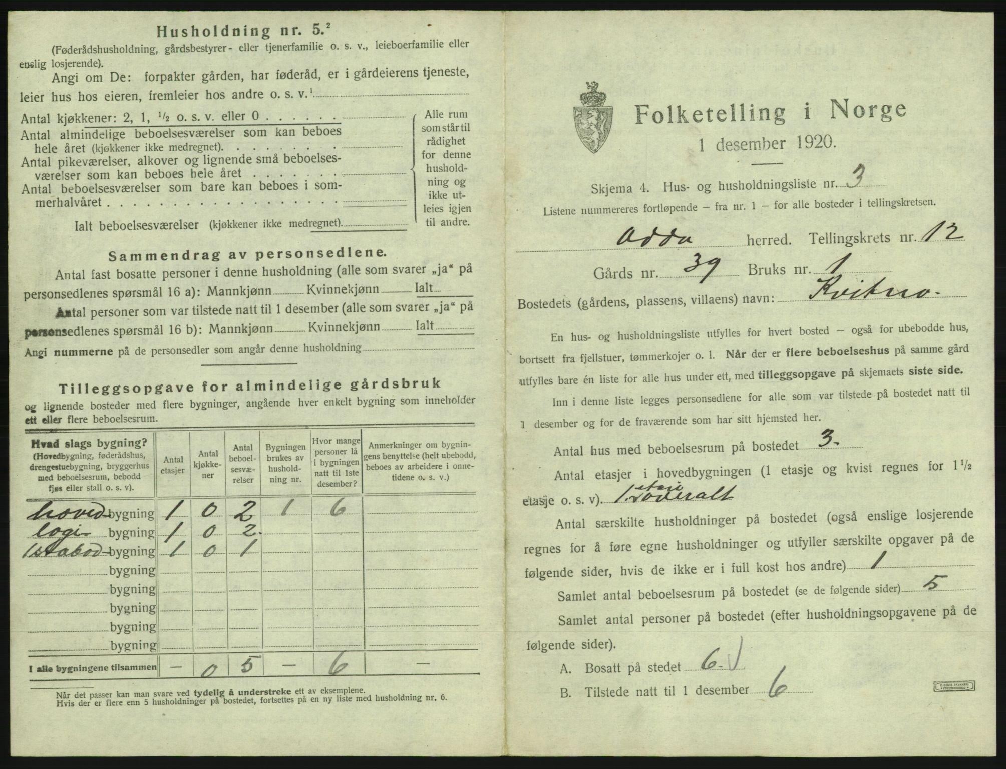 SAB, 1920 census for Odda, 1920, p. 1108