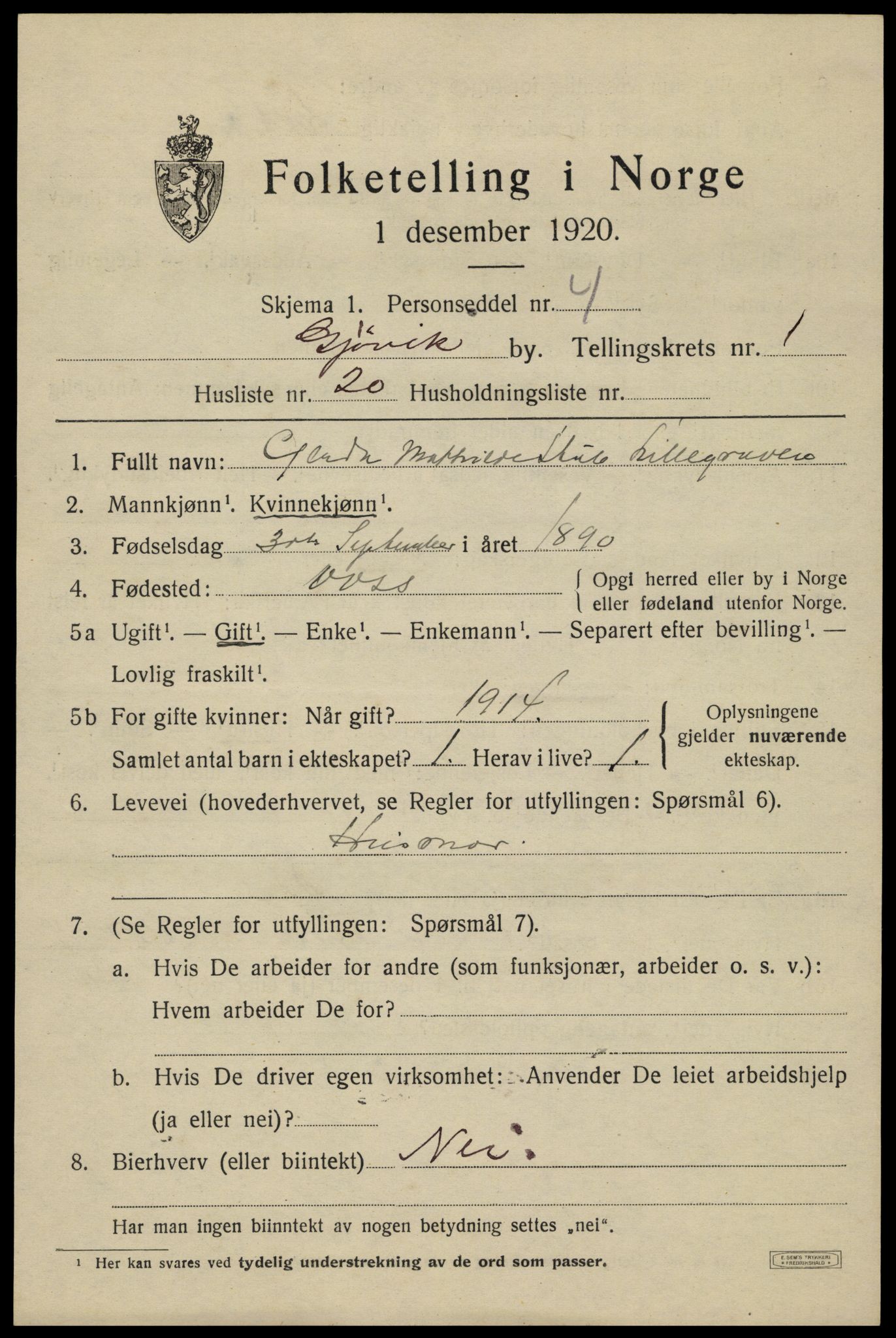 SAH, 1920 census for Gjøvik, 1920, p. 3314