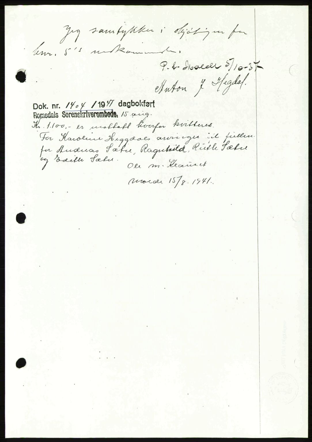 Romsdal sorenskriveri, AV/SAT-A-4149/1/2/2C: Mortgage book no. A10, 1941-1941, Diary no: : 1396/1941