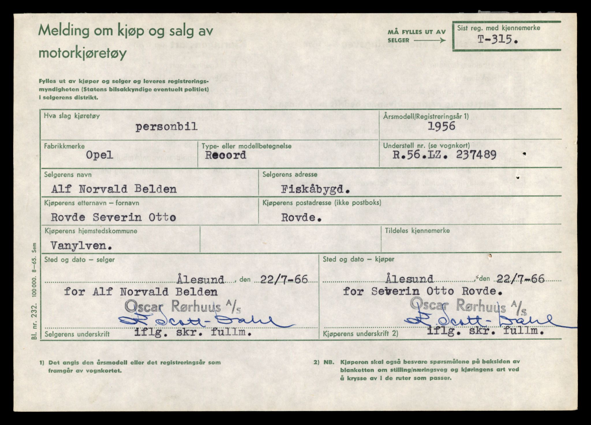 Møre og Romsdal vegkontor - Ålesund trafikkstasjon, SAT/A-4099/F/Fe/L0003: Registreringskort for kjøretøy T 232 - T 340, 1927-1998, p. 3020